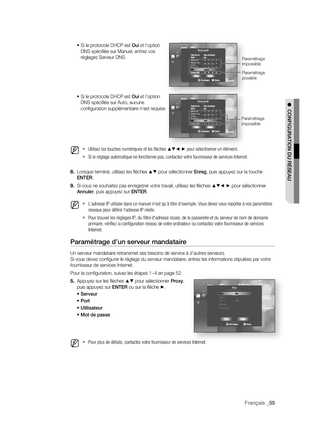 Samsung BD-P3600 Paramétrage d’un serveur mandataire, . Appuyez sur les ﬂ èches pour sélectionner Proxy, Serveur 