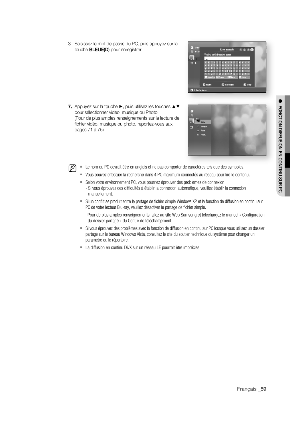 Samsung BD-P3600 Pages 71 à, Pour de plus amples renseignements sur la lecture de, FOnCtiOn DiFFUsiOn en COntinU sUr PC 