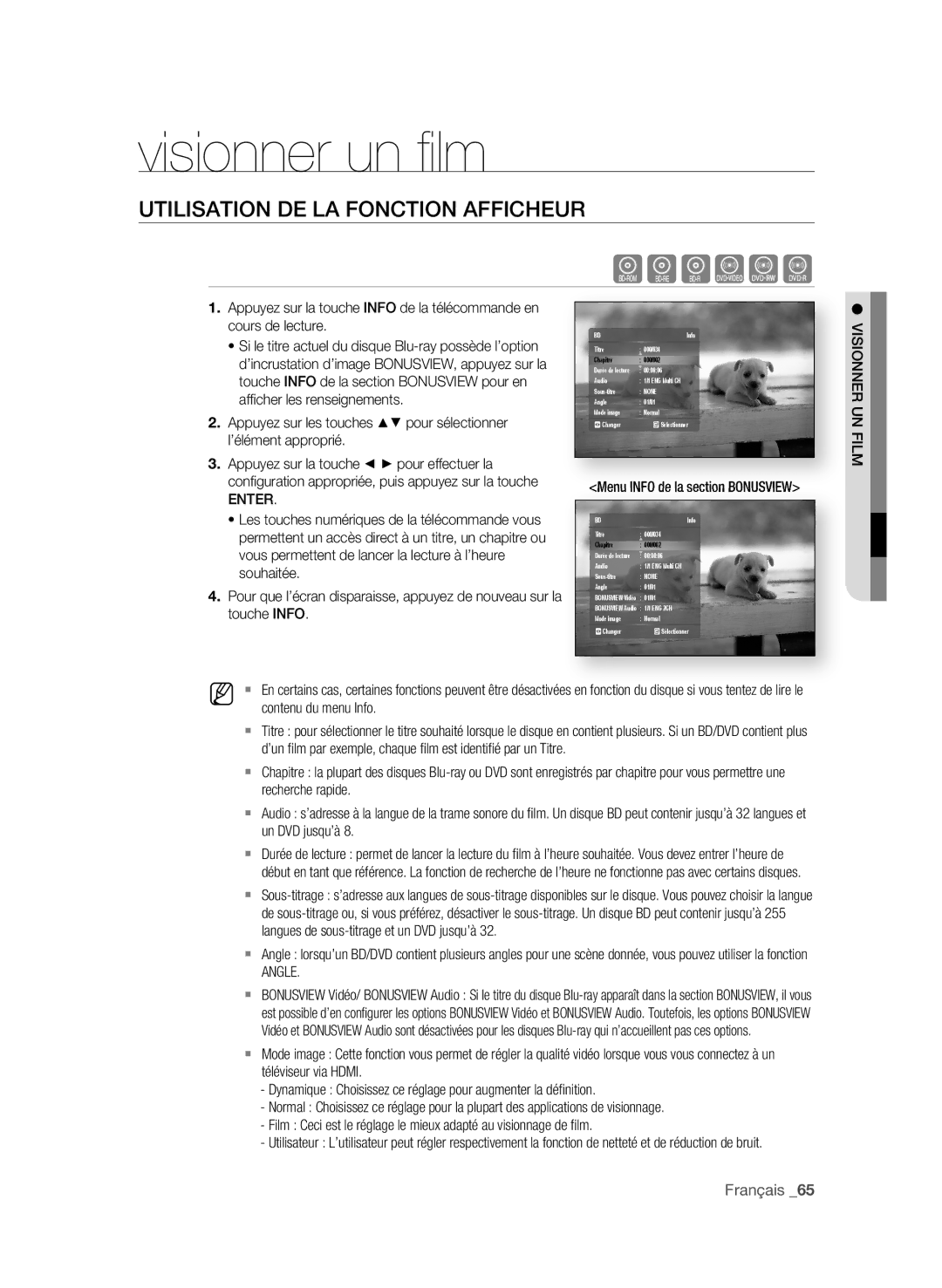 Samsung BD-P3600 user manual Visionner un fi lm, UtiLisAtiOn De LA FOnCtiOn AFFiCHeUr, Angle 