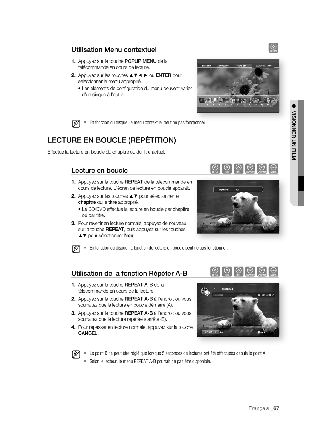 Samsung BD-P3600 user manual LeCtUre en bOUCLe rÉPÉtitiOn, Utilisation menu contextuel, Lecture en boucle 