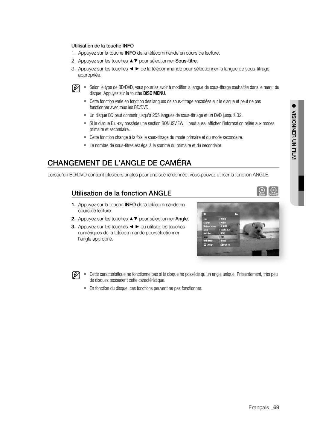 Samsung BD-P3600 user manual CHAngement De L’AngLe De CAmÉrA, Utilisation de la fonction AngLe 