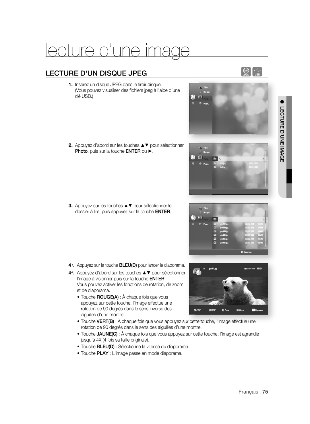 Samsung BD-P3600 user manual Lecture d’une image, LeCtUre DUn DisQUe JPeg 