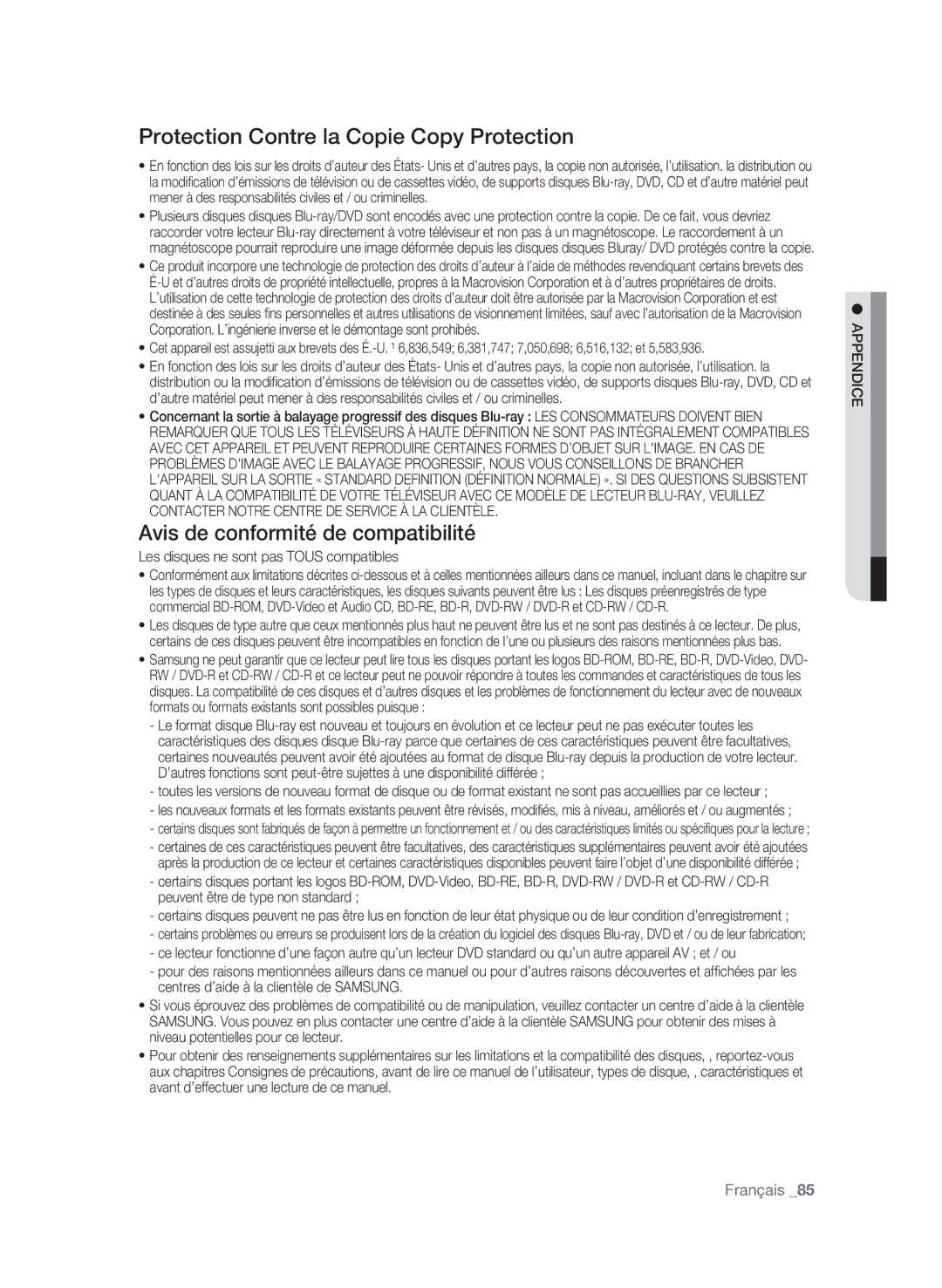 Samsung BD-P3600 user manual Protection Contre la Copie Copy Protection, Avis de conformité de compatibilité 