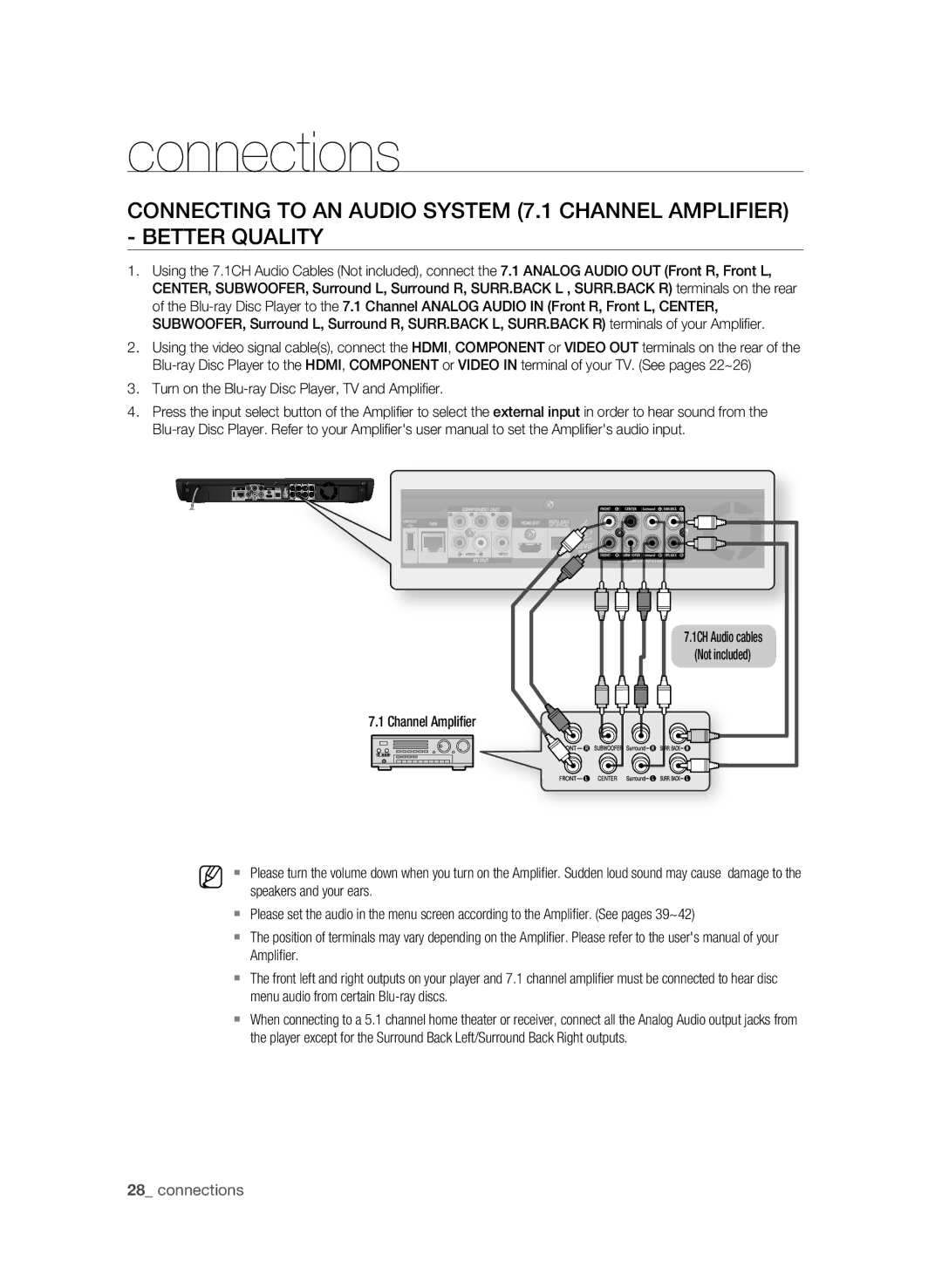 Samsung BD-P3600 user manual Connecting to an Audio System 7.1 Channel Amplifier, Menu audio from certain Blu-ray discs 