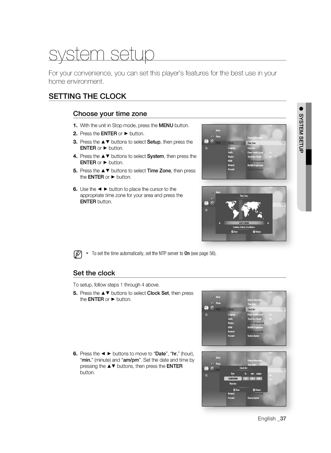 Samsung BD-P3600 user manual System setup, SETTing the Clock, Choose your time zone, Set the clock, System Setup 