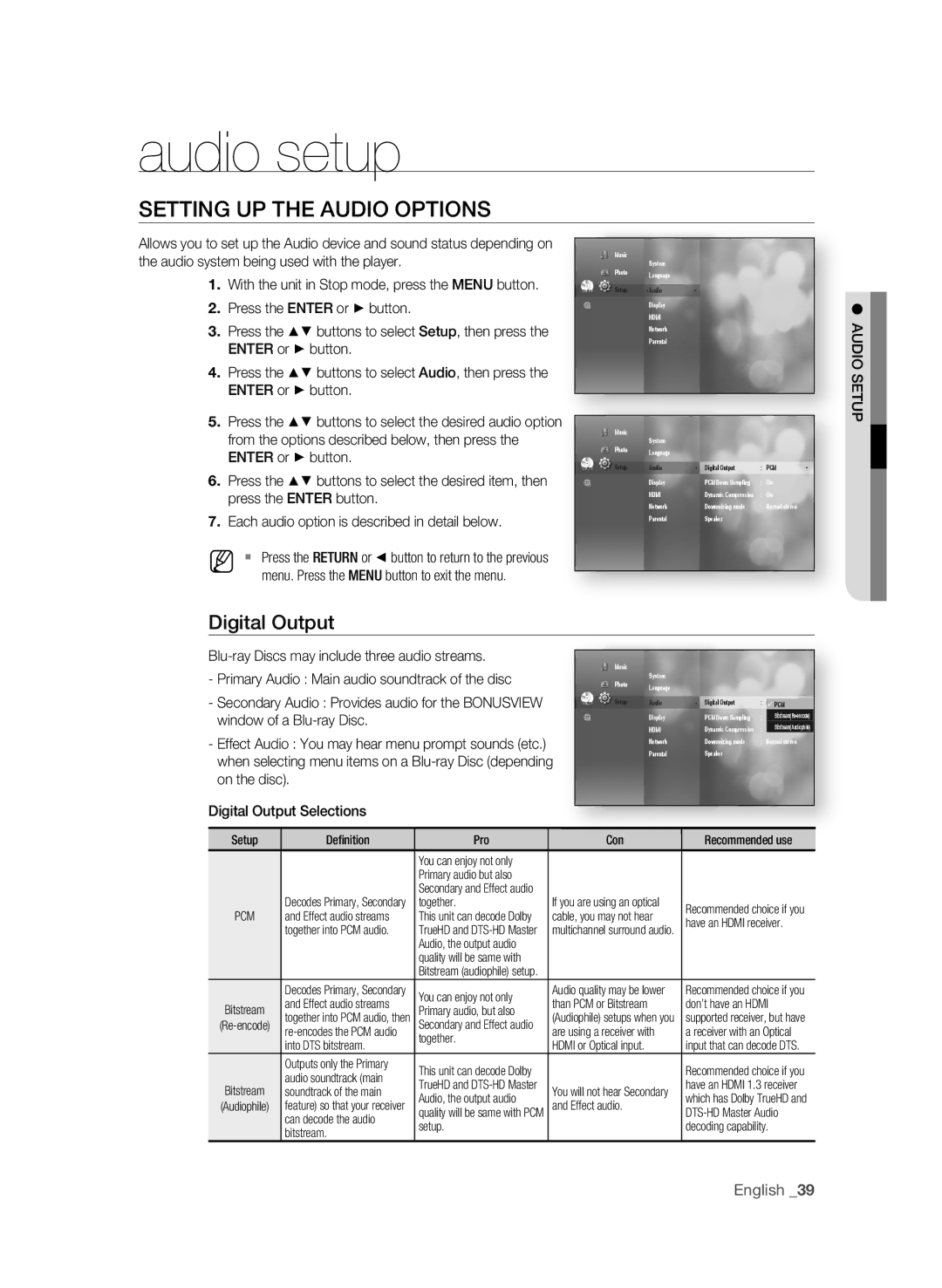 Samsung BD-P3600 user manual Audio setup, SETTing UP the aUDiO OPTiOnS, Digital Output 