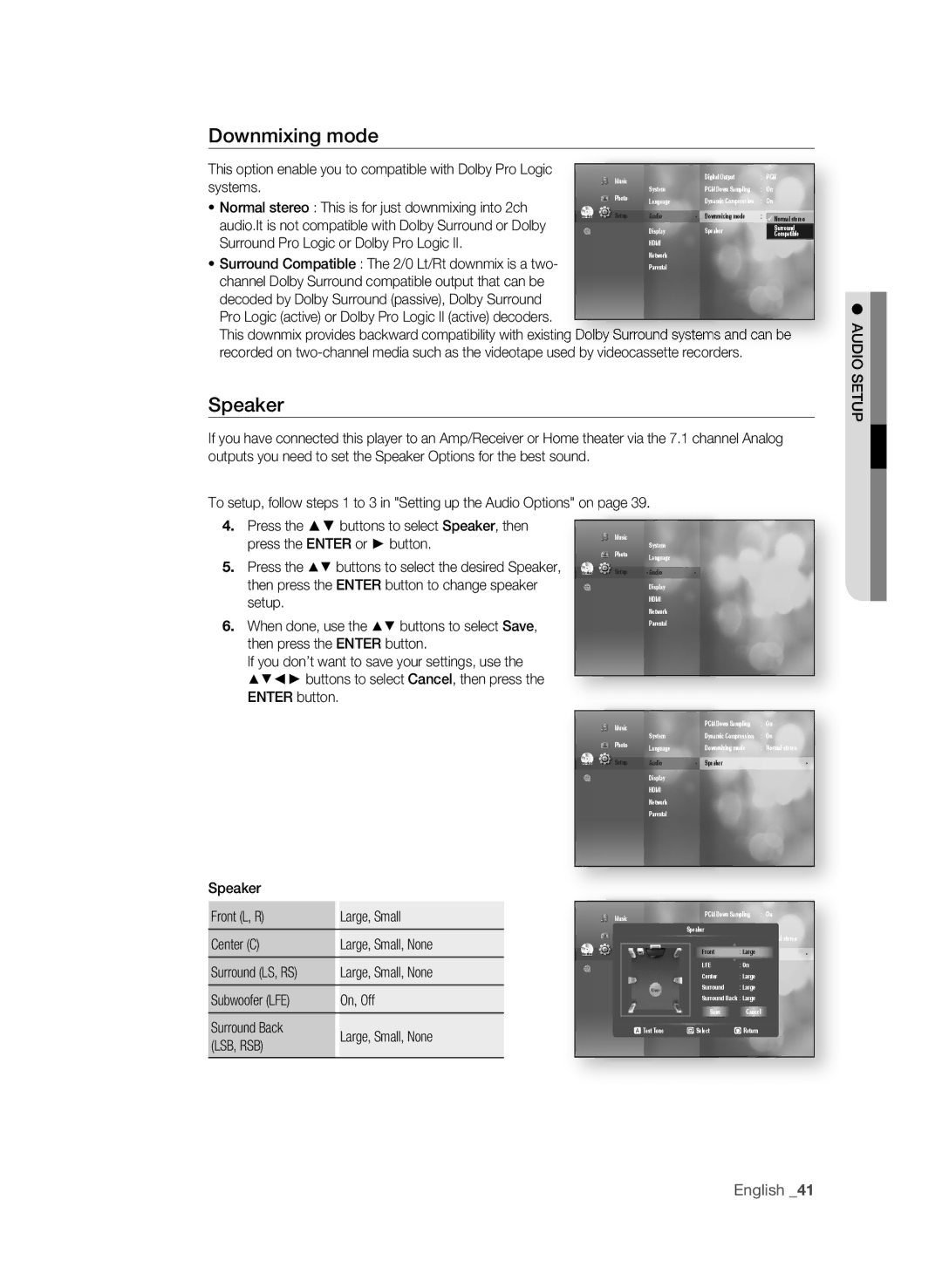 Samsung BD-P3600 user manual Downmixing mode, Speaker, English 1 