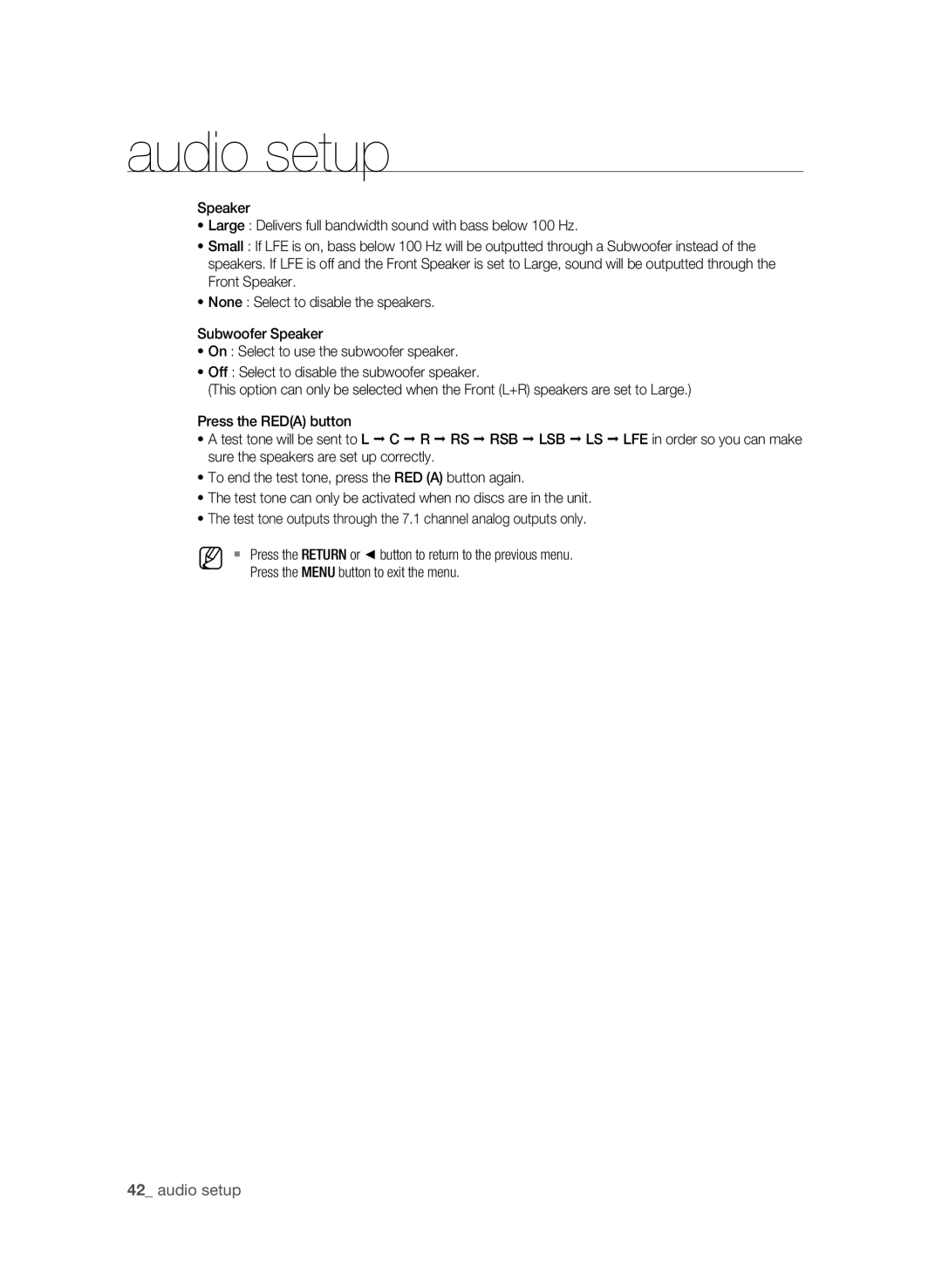 Samsung BD-P3600 user manual Audio setup, Press the Menu button to exit the menu 