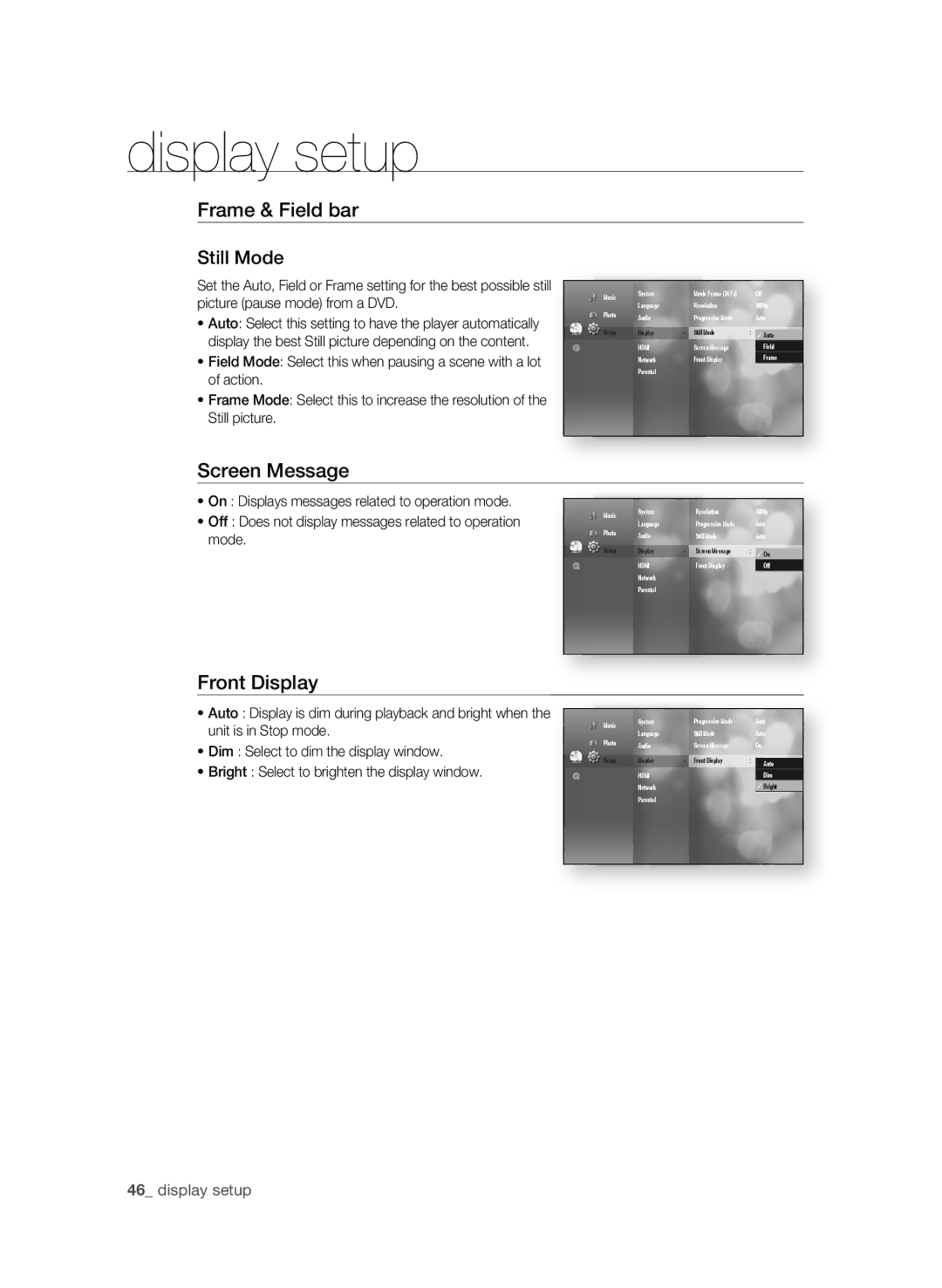 Samsung BD-P3600 user manual Frame & Field bar Still Mode, Screen Message, Front Display 