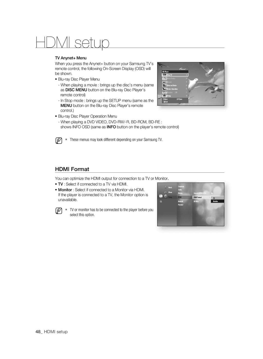 Samsung BD-P3600  Hdmi setup, TV Select if connected to a TV via Hdmi, Monitor Select if connected to a Monitor via Hdmi 