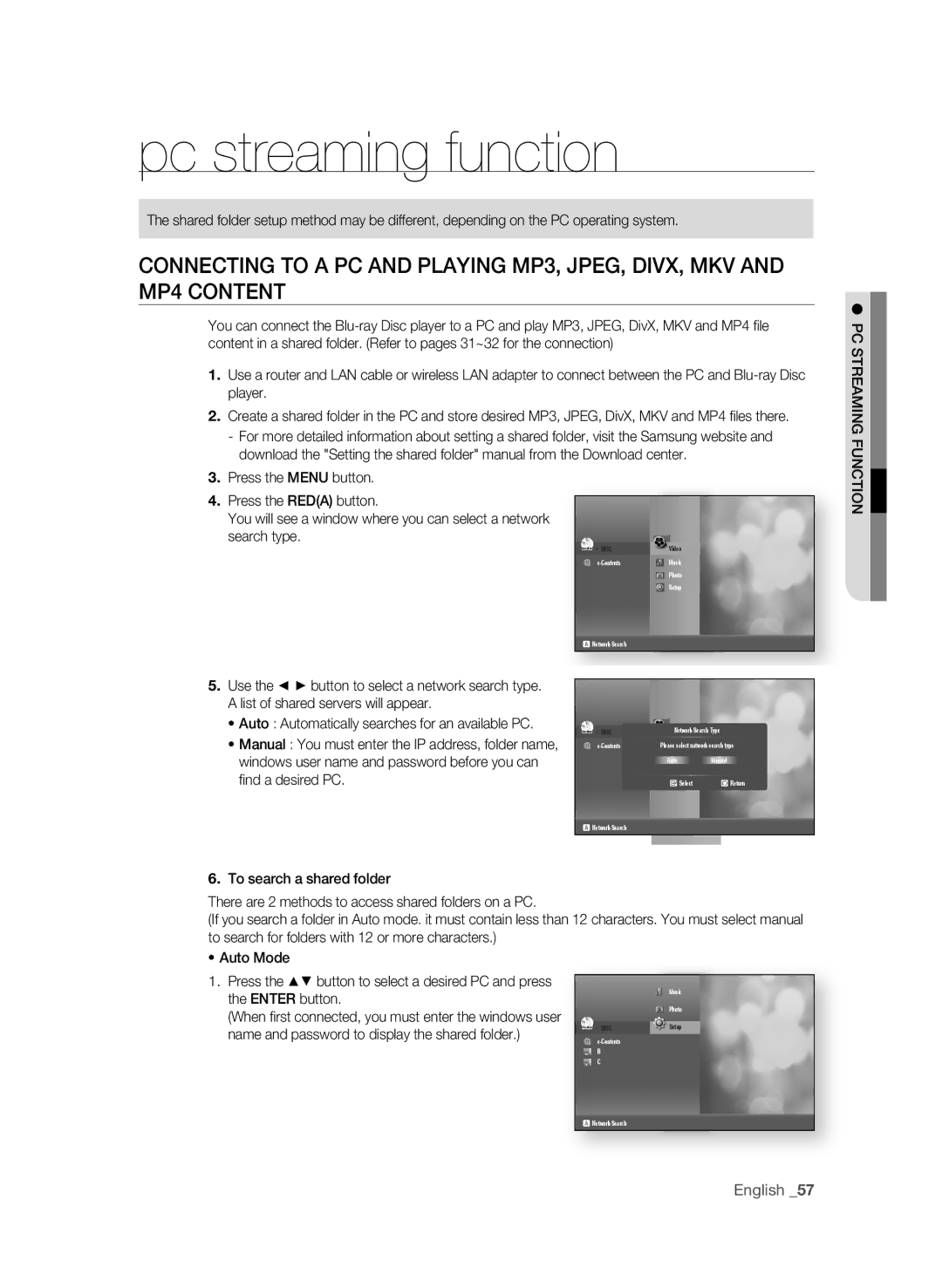 Samsung BD-P3600 user manual Pc streaming function, Fi nd a desired PC, Auto Automatically searches for an available PC 