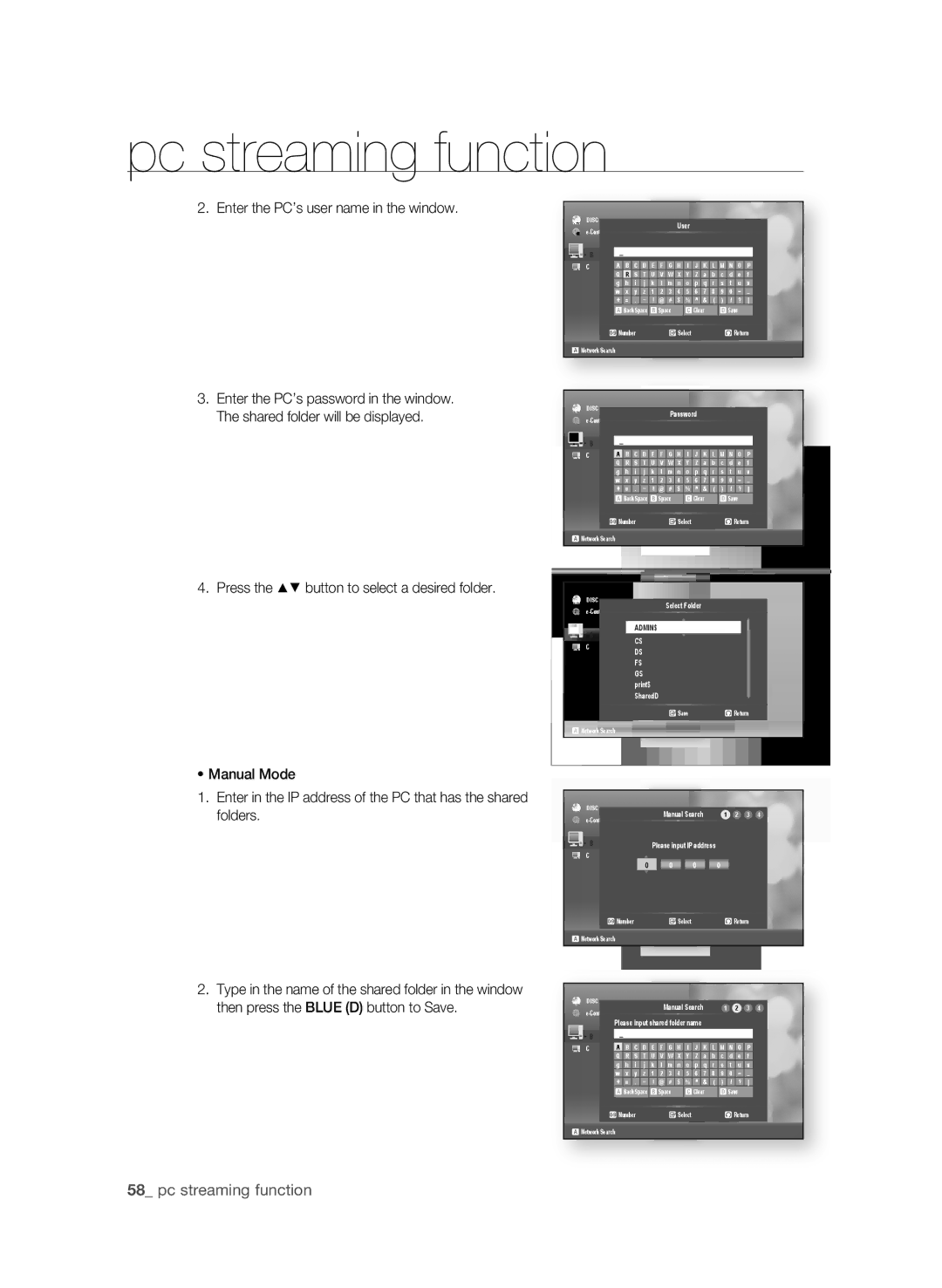 Samsung BD-P3600 user manual  pc streaming function, Enter the PC’s user name in the window 