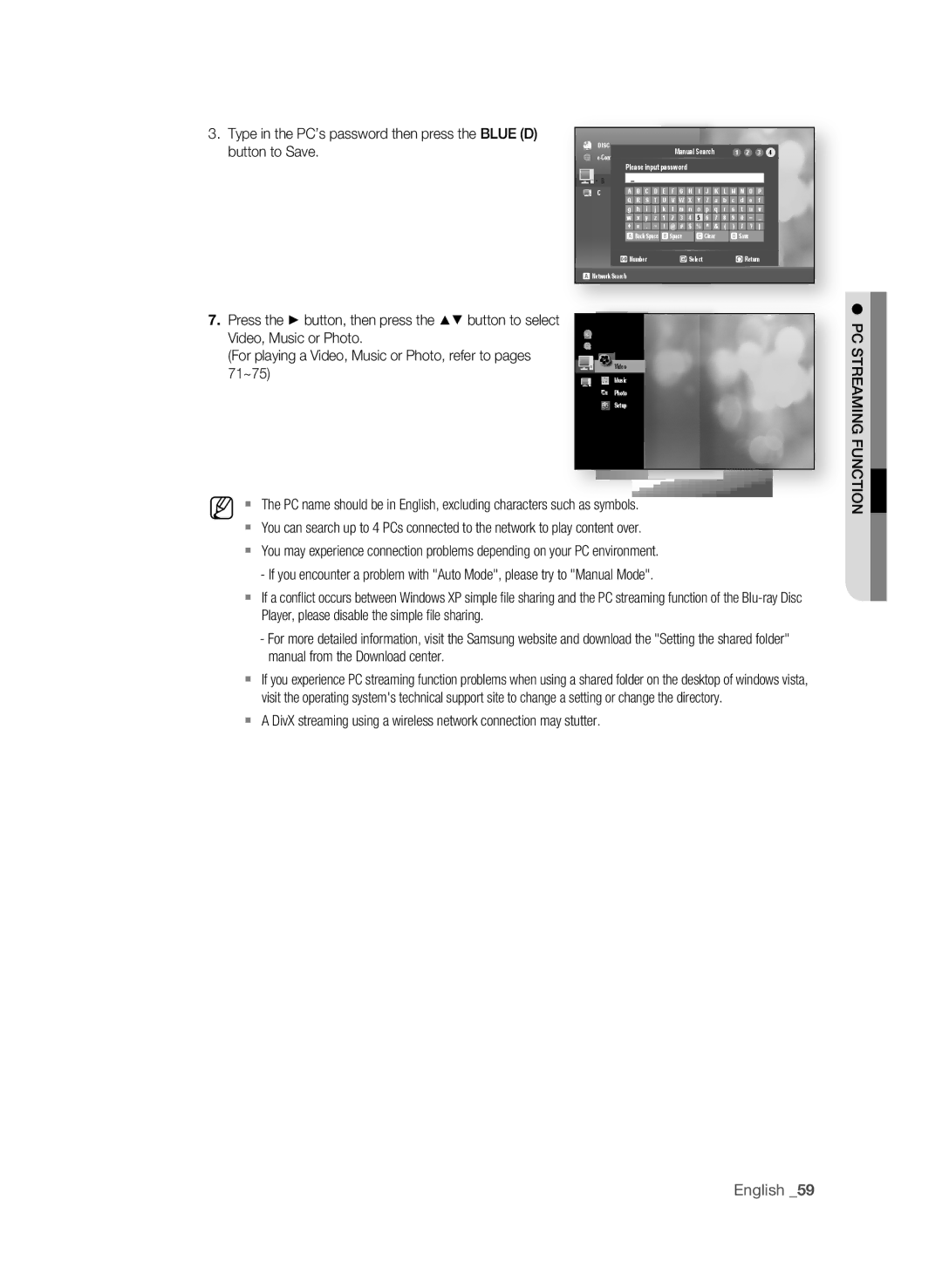 Samsung BD-P3600 user manual PC STrEaMing FUnCTiOn 