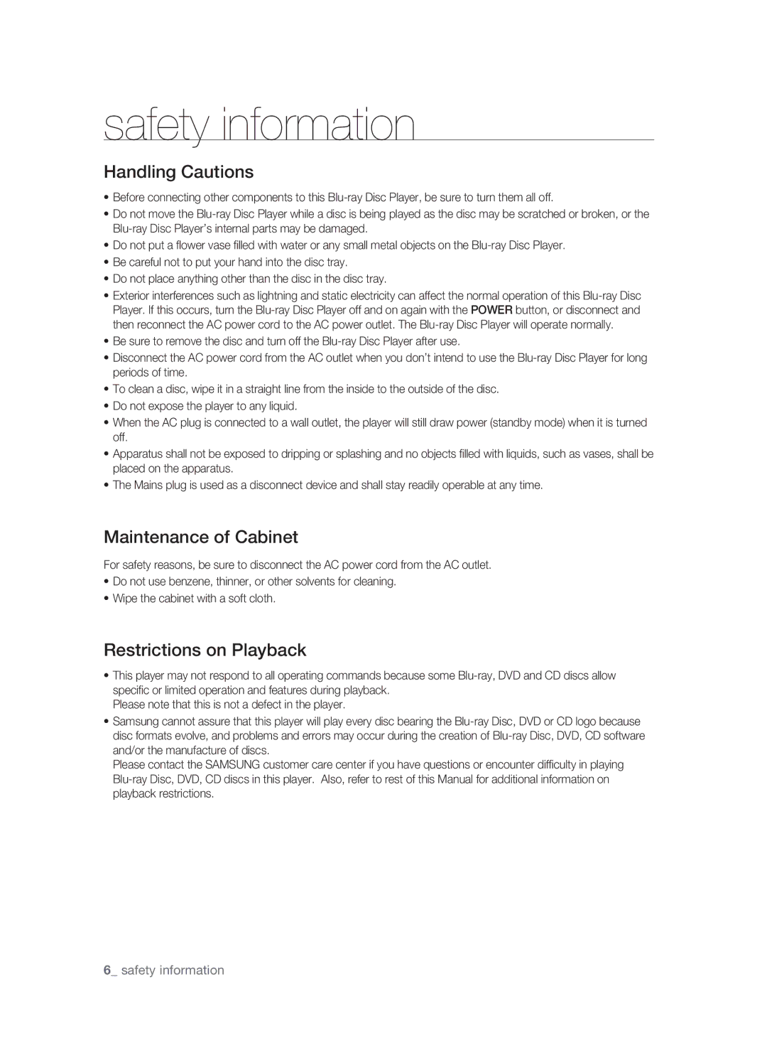 Samsung BD-P3600 user manual Handling Cautions, Maintenance of Cabinet, Restrictions on Playback 