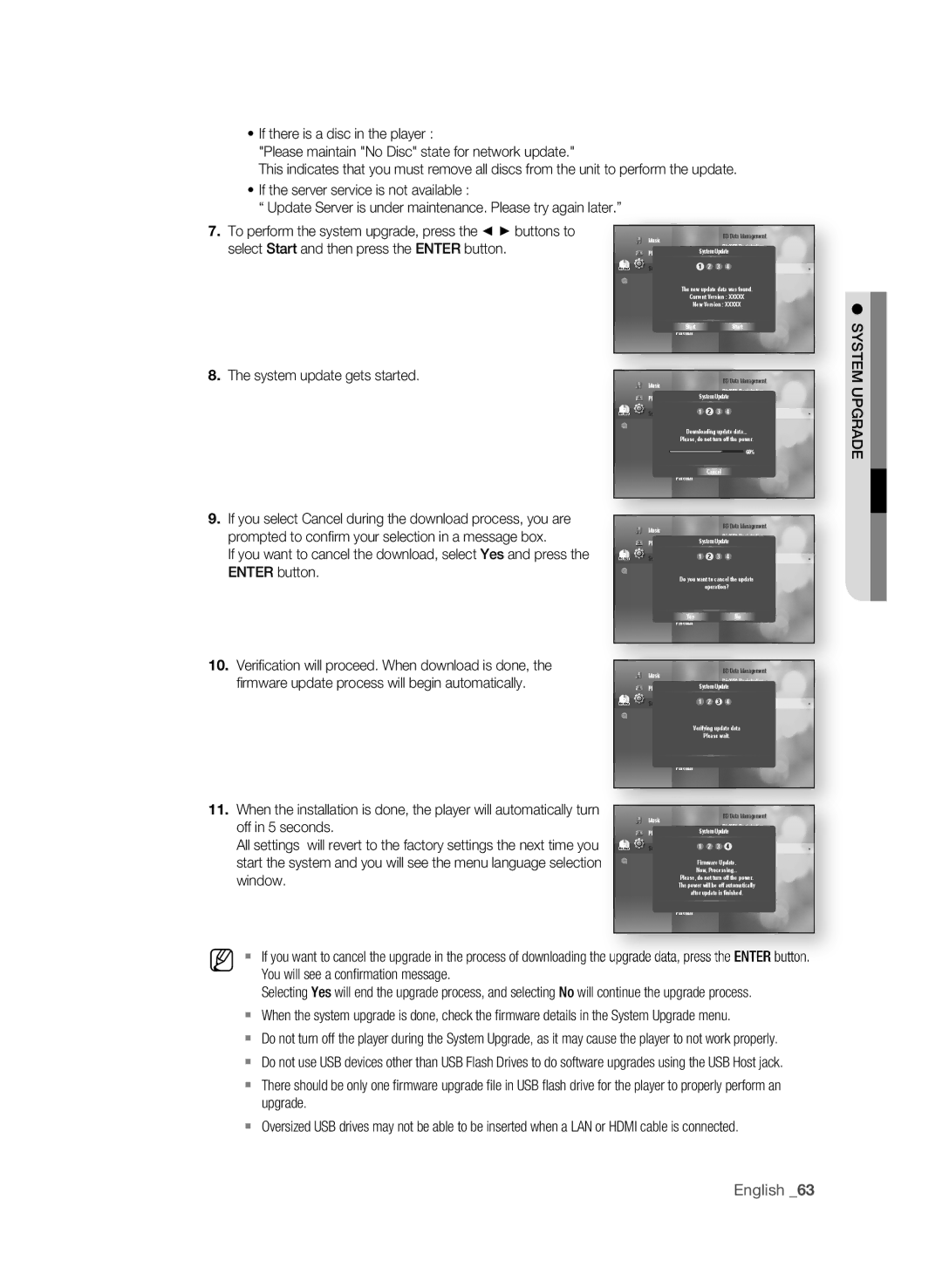 Samsung BD-P3600  . To perform the system upgrade, press the + buttons to, Select Start and then press the EnTEr button 