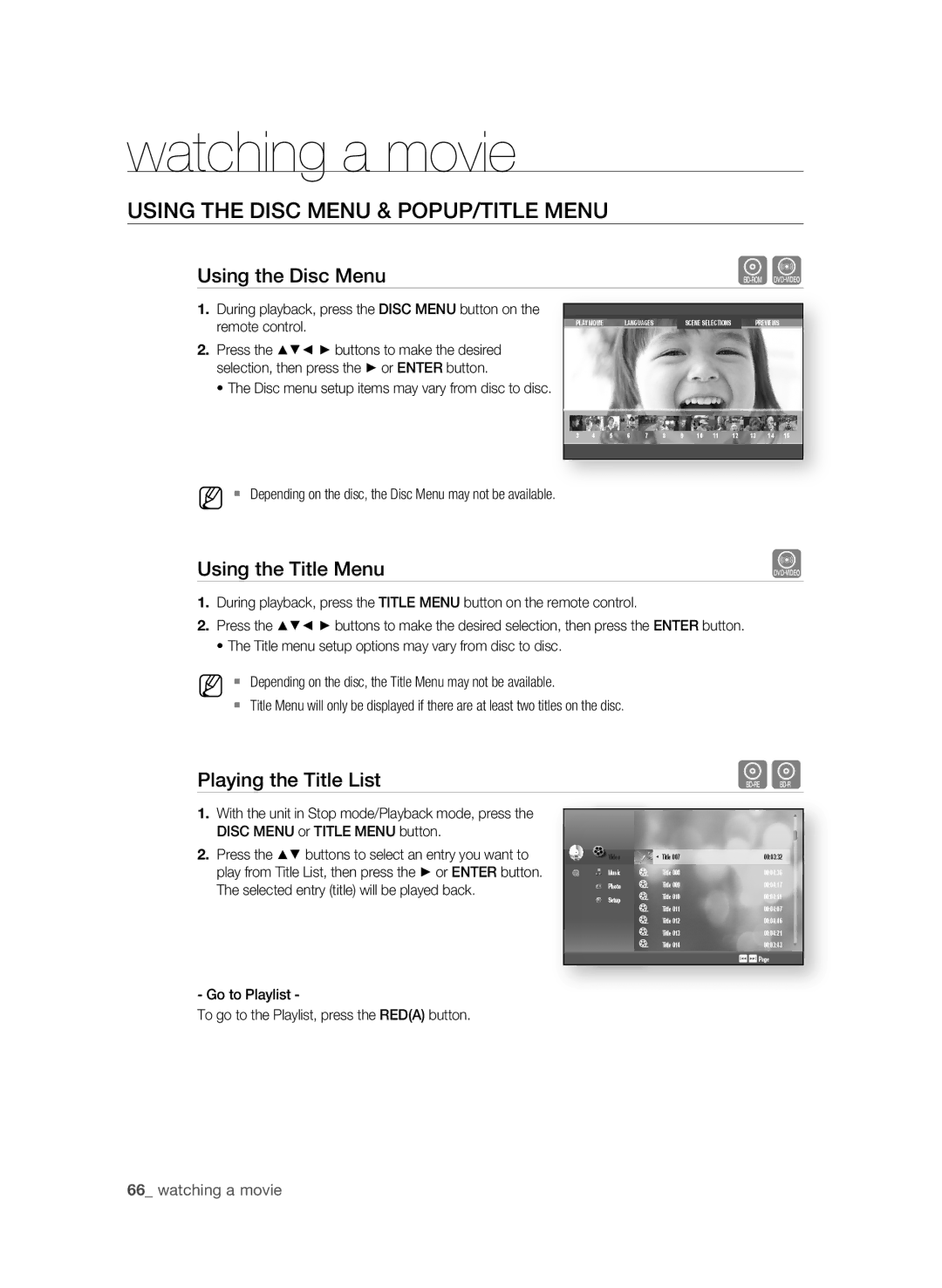 Samsung BD-P3600 USing the DiSC MEnU & POPUP/TiTLE MEnU, Using the Disc Menu, Using the Title Menu, Playing the Title List 