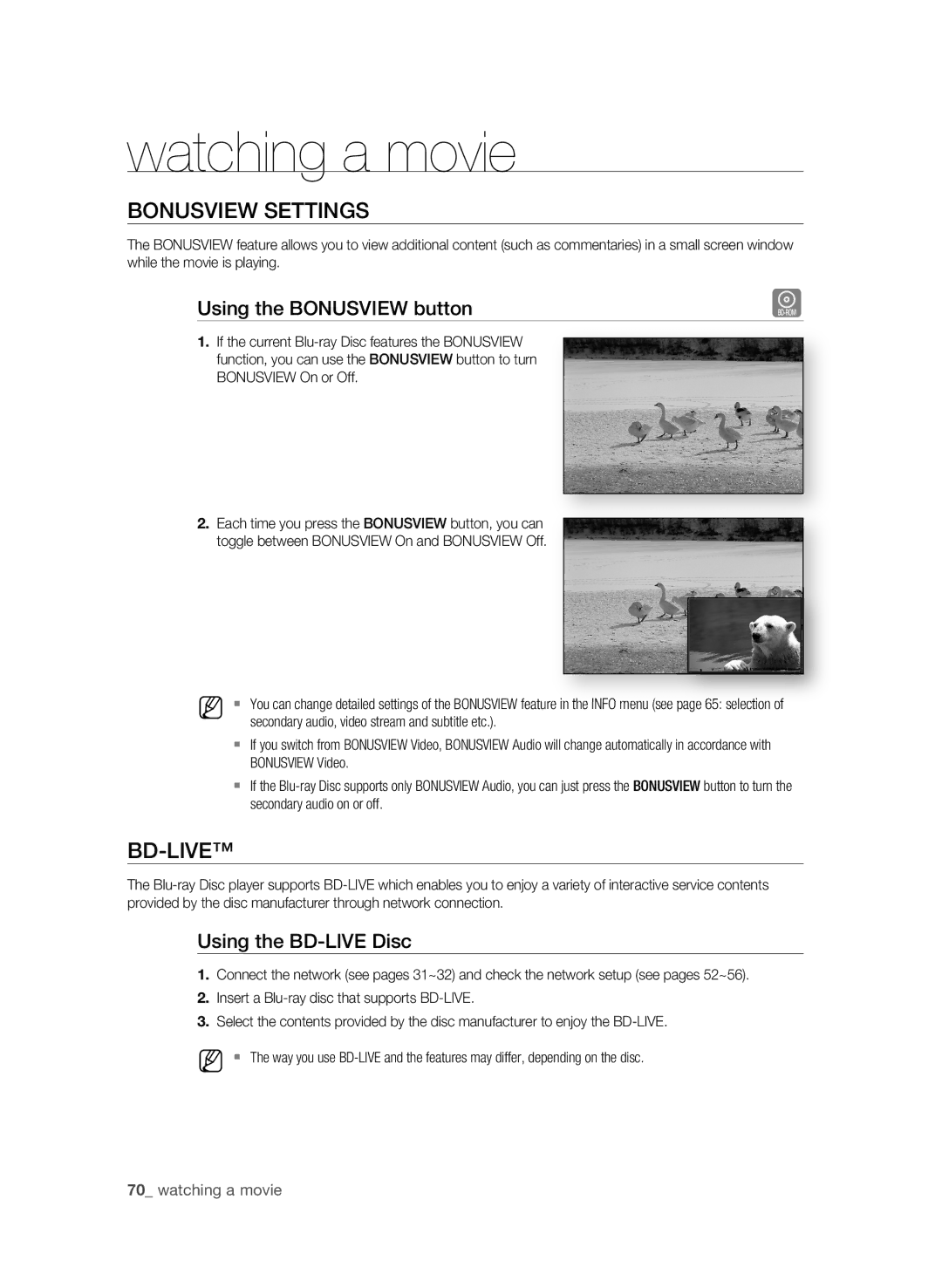 Samsung BD-P3600 BOnUSViEW SETTingS, Using the BOnUSViEW button, Using the BD-LiVE Disc, 0 watching a movie 