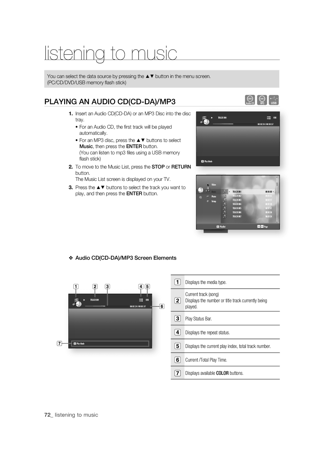 Samsung BD-P3600 user manual PLaYing an aUDiO CDCD-Da/MP3, Audio CDCD-Da/MP3 Screen Elements, 2 listening to music 