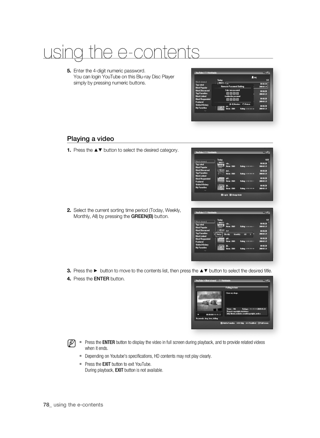 Samsung BD-P3600 user manual Playing a video, . Enter the 4-digit numeric password, Press the EnTEr button 