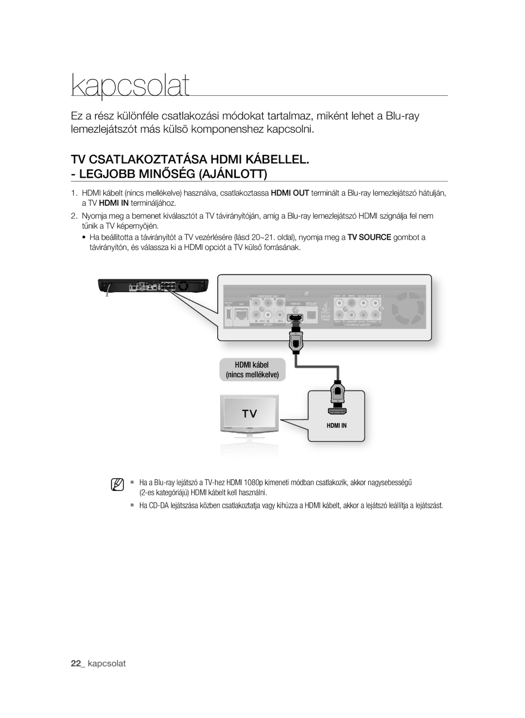 Samsung BD-P3600/XEF, BD-P3600/EDC Kapcsolat, TV csatlakoztatása Hdmi kábelLel, Es kategóriájú Hdmi kábelt kell használni 