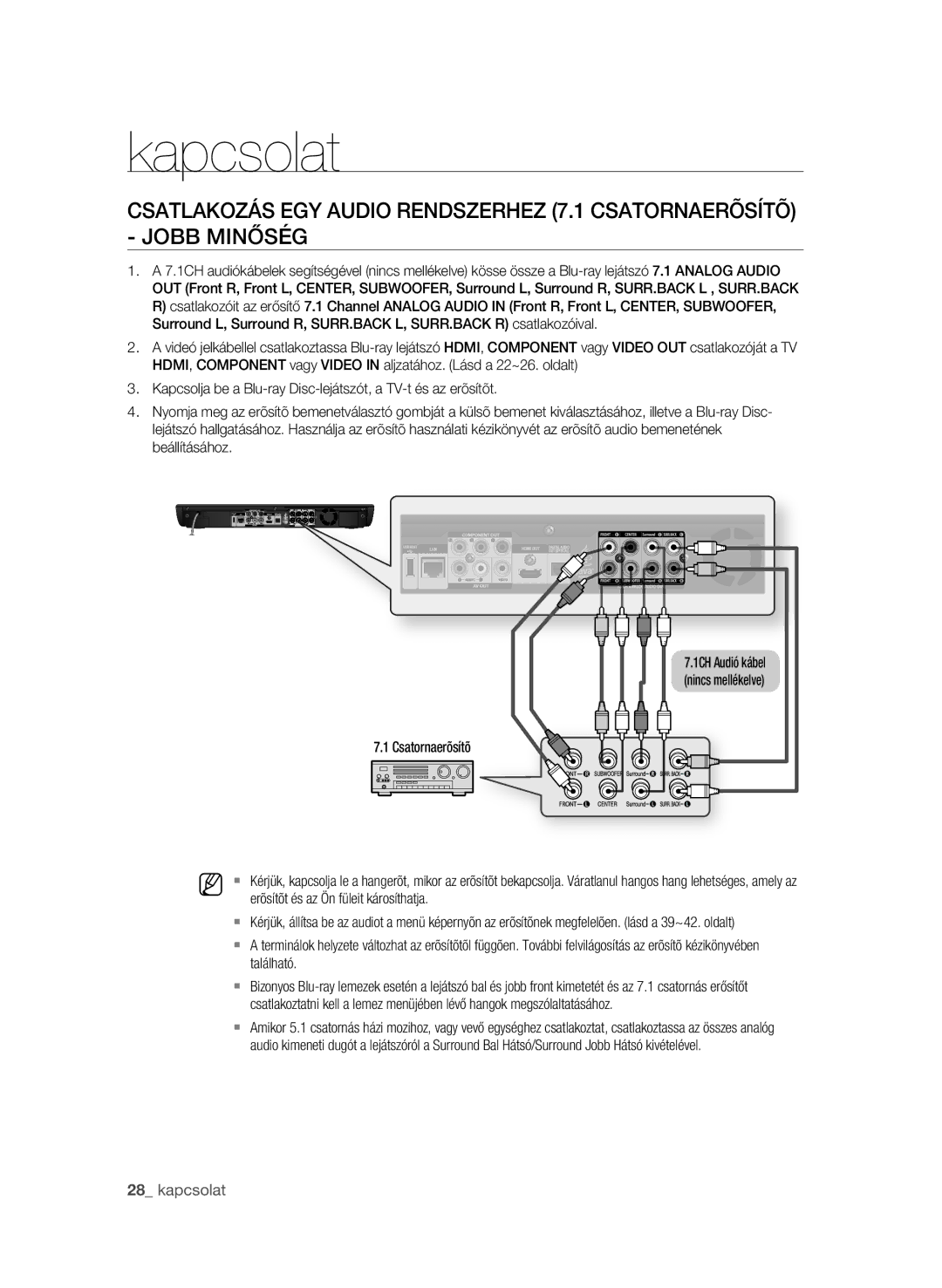 Samsung BD-P3600/EDC, BD-P3600/XEC, BD-P3600/XEF, BD-P3600/XEE manual Csatornaerõsítõ, Erõsítõt és az Ön füleit károsíthatja 