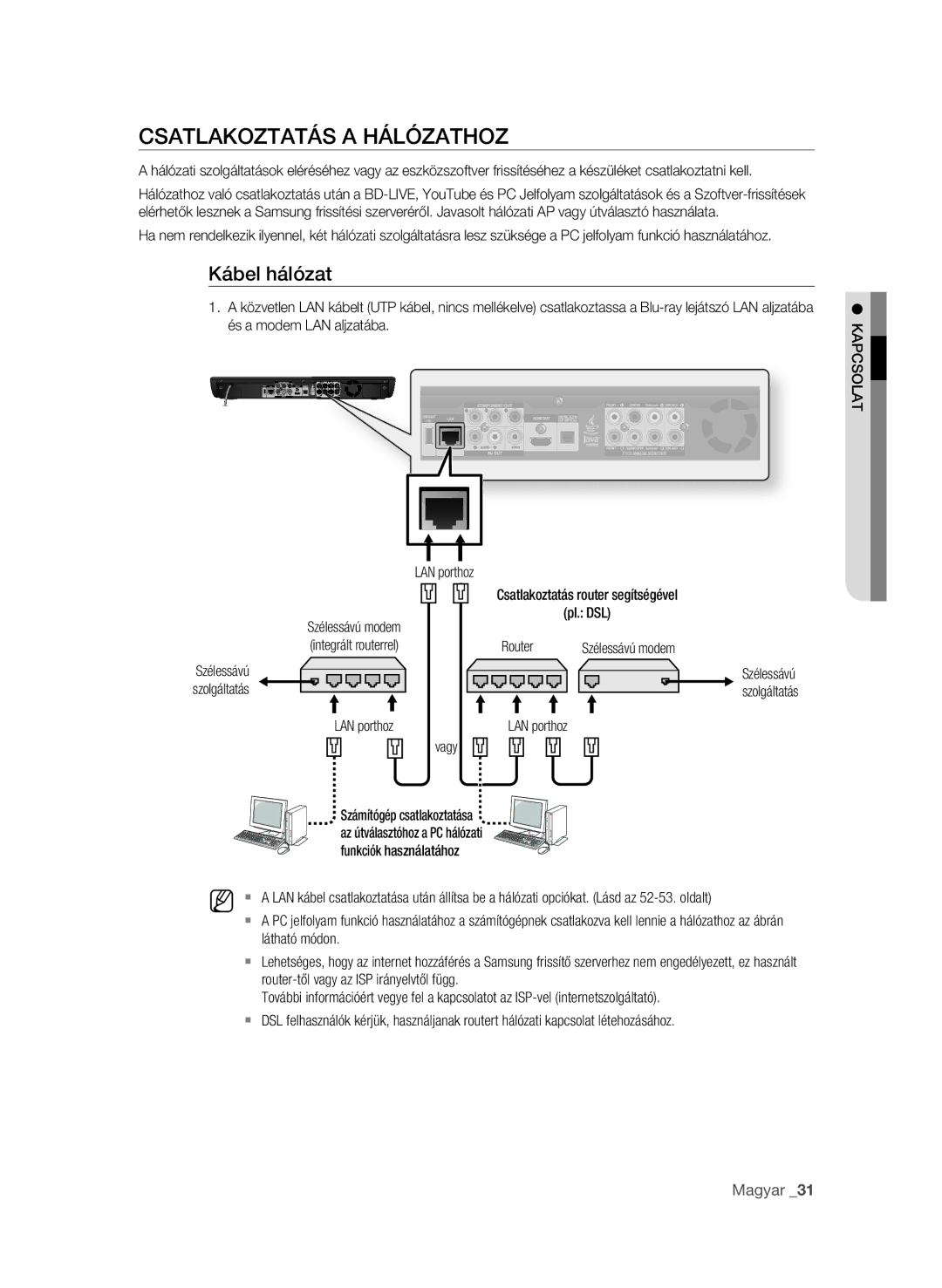 Samsung BD-P3600/XEE, BD-P3600/EDC, BD-P3600/XEC, BD-P3600/XEF manual Kábel hálózat 