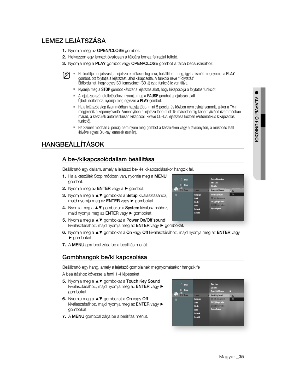 Samsung BD-P3600/XEE manual Lemez leJÁtszÁsA, HANgbeÁllítÁsOK, Be-/kikapcsolódallam beállítása, Gombhangok be/ki kapcsolása 