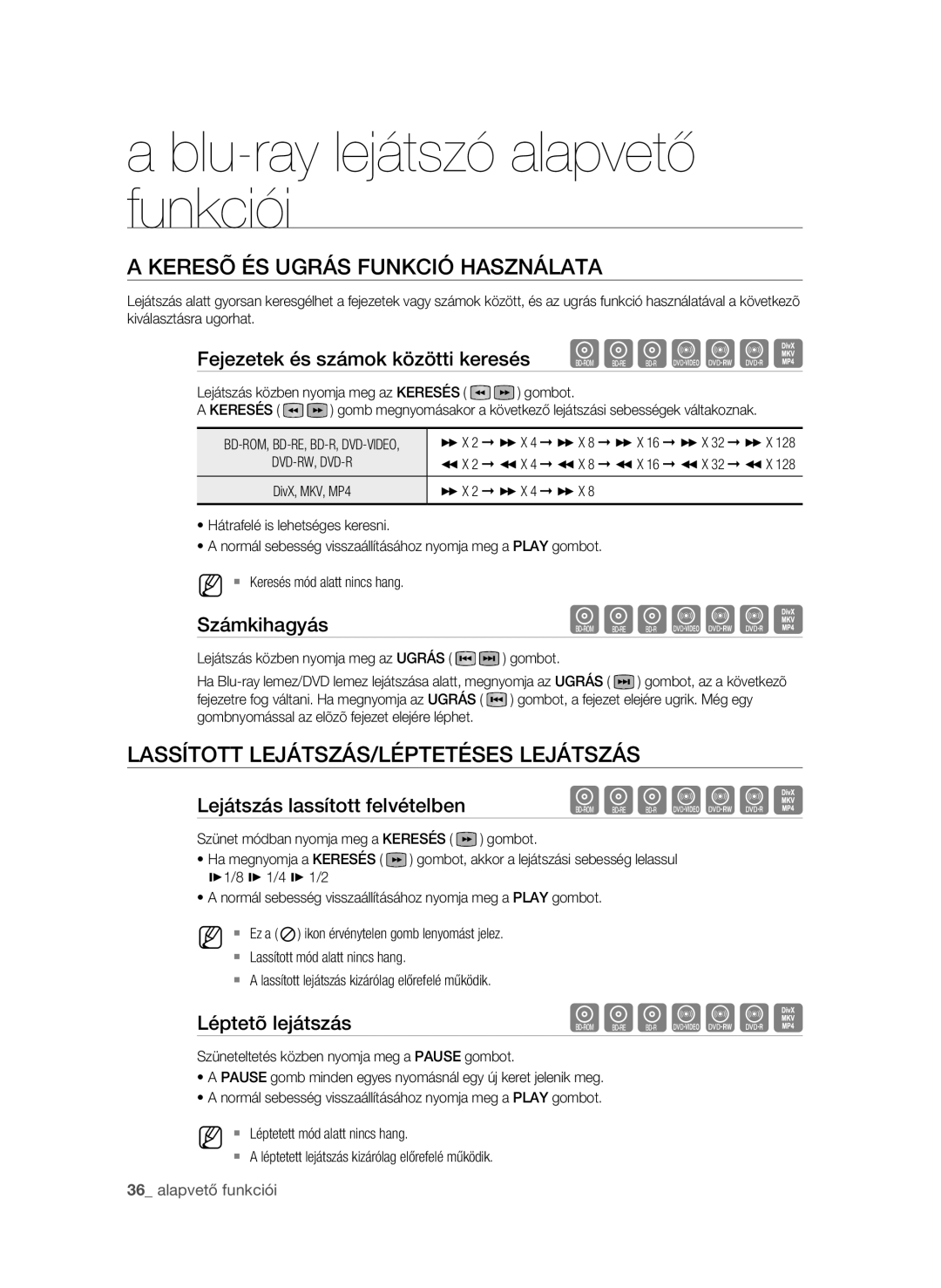 Samsung BD-P3600/EDC, BD-P3600/XEC manual Keresõ és ugrás funkció használata, LasSítoTt lejátszás/Léptetéses lejátszás 