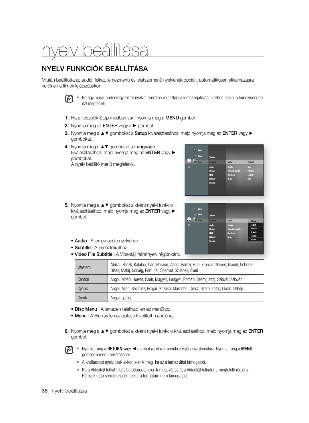 Samsung BD-P3600/XEF manual Nyelv beállítása, NyelV FuNKCióK beÁllítÁsA,  nyelv beállítása, Ezt megteheti, Cyrillic 