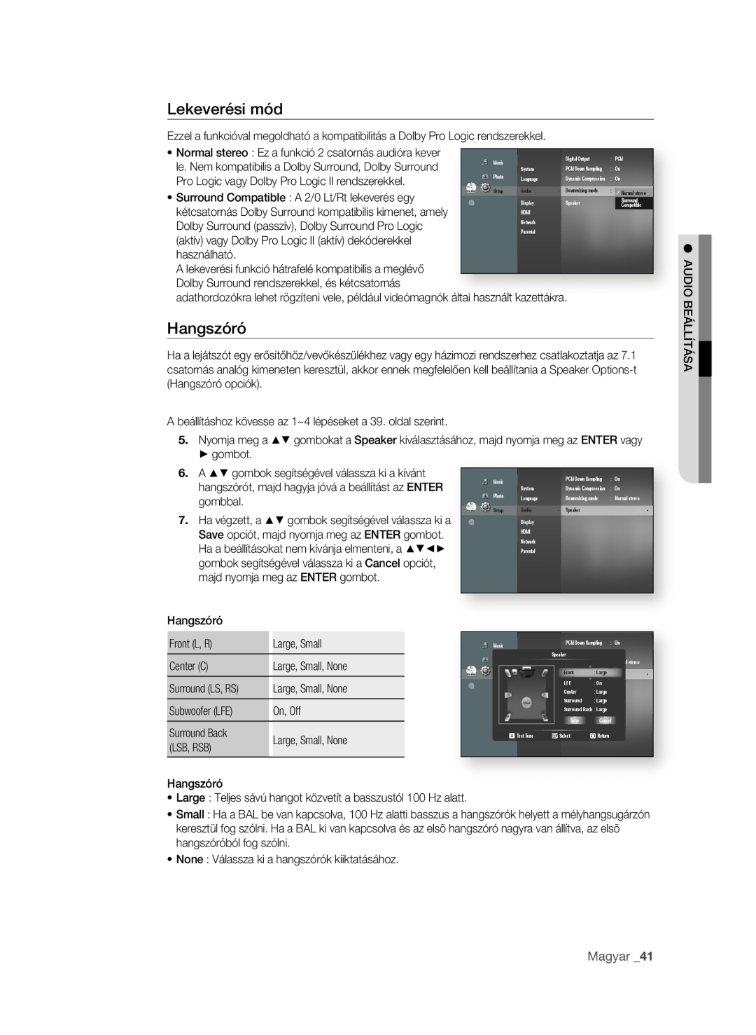 Samsung BD-P3600/XEC, BD-P3600/EDC Lekeverési mód, Hangszóró, Magyar 1, Pro Logic vagy Dolby Pro Logic II rendszerekkel 