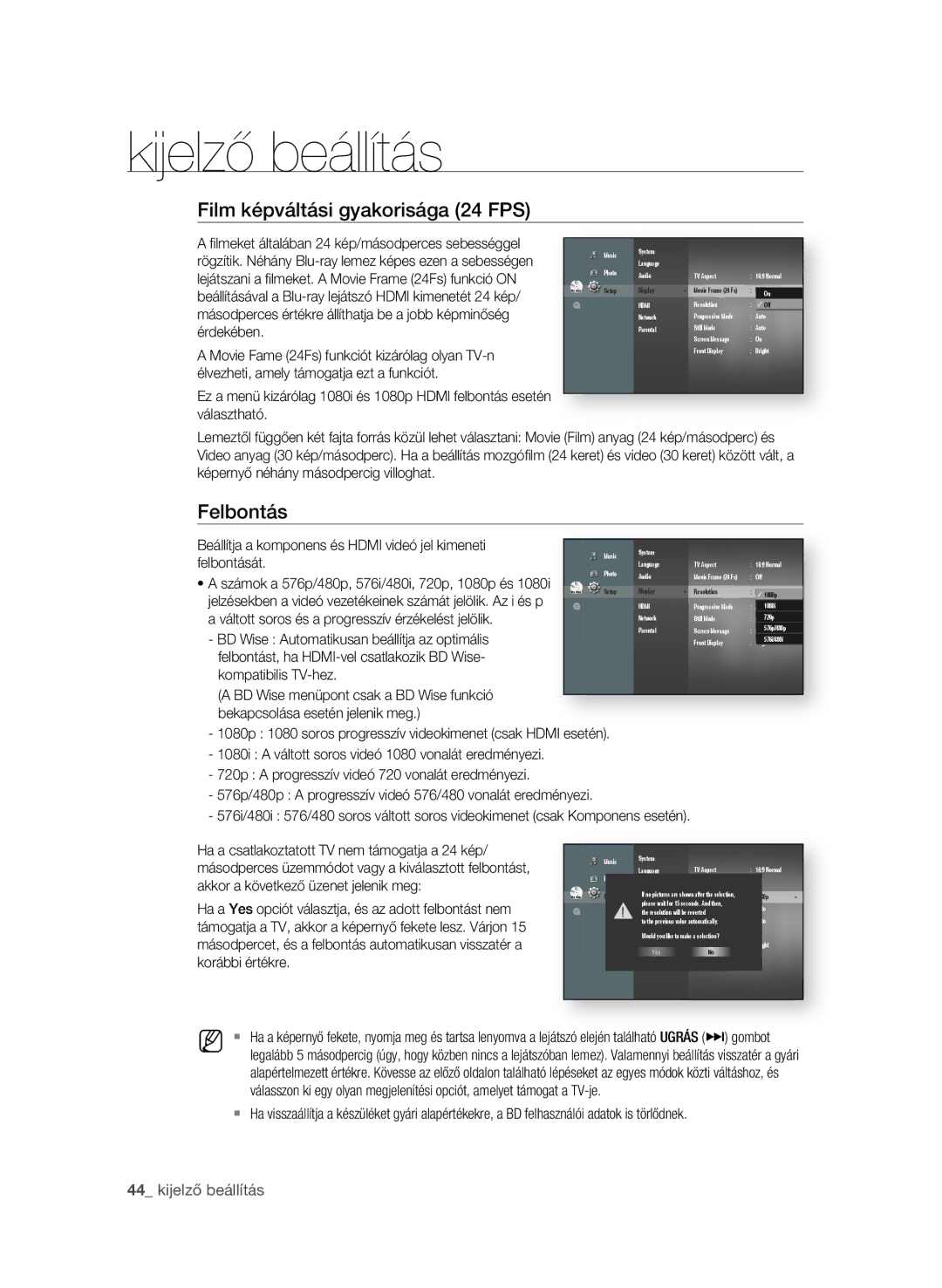 Samsung BD-P3600/EDC, BD-P3600/XEC, BD-P3600/XEF, BD-P3600/XEE manual Film képváltási gyakorisága 24 FPs,  kijelző beállítás 