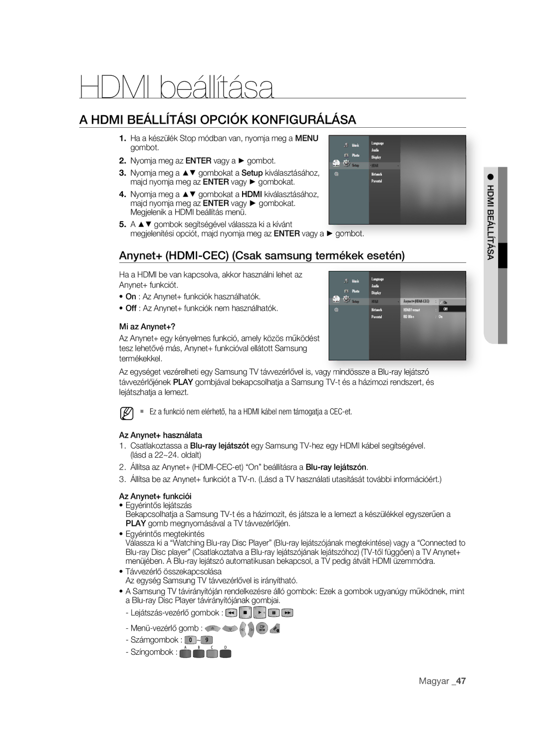 Samsung BD-P3600/XEE Hdmi beállítása, Hdmi beÁllítÁsi OPCióK KONFiguRÁlÁsA, Anynet+ hdmi-CeC Csak samsung termékek esetén 