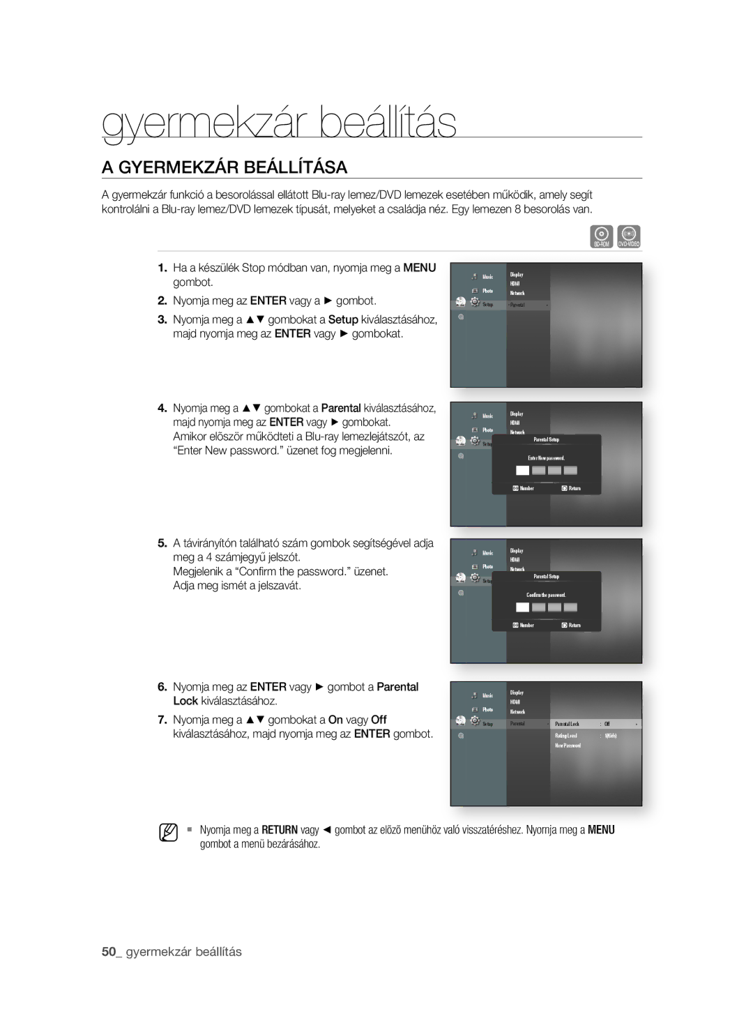 Samsung BD-P3600/XEF, BD-P3600/EDC, BD-P3600/XEC manual Gyermekzár beállítás, GyeRmeKzÁR beÁllítÁsA, 0 gyermekzár beállítás 