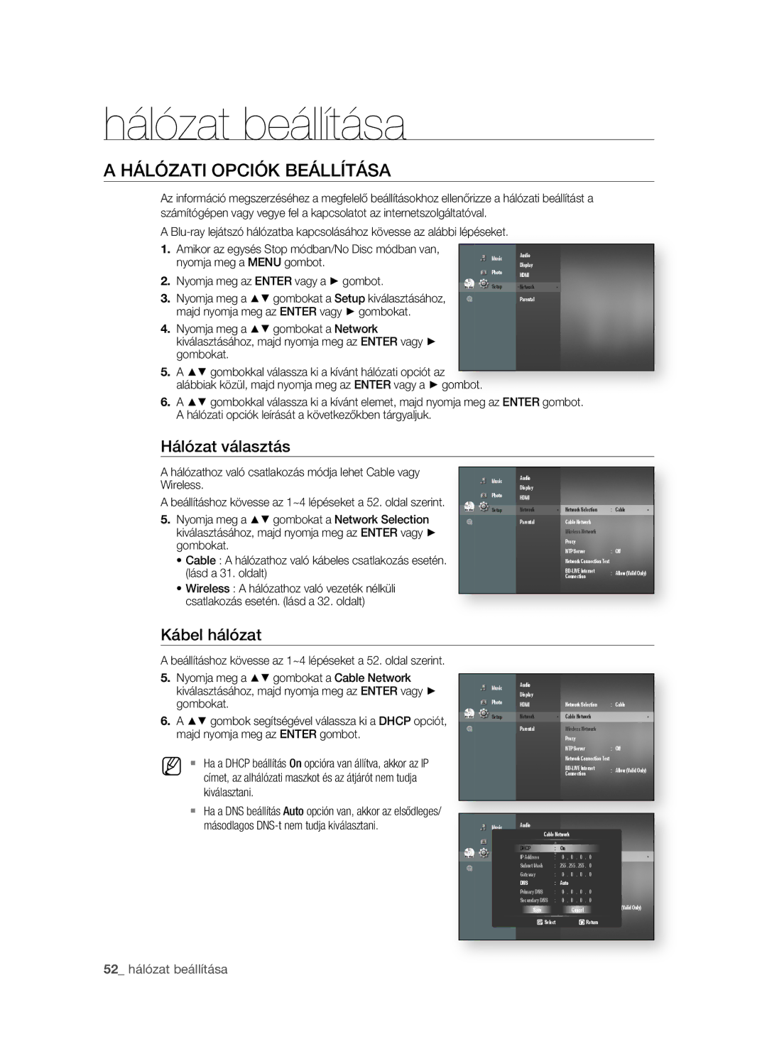 Samsung BD-P3600/EDC, BD-P3600/XEC, BD-P3600/XEF manual Hálózat beállítása, HÁlózAti OPCióK beÁllítÁsA, 2 hálózat beállítása 