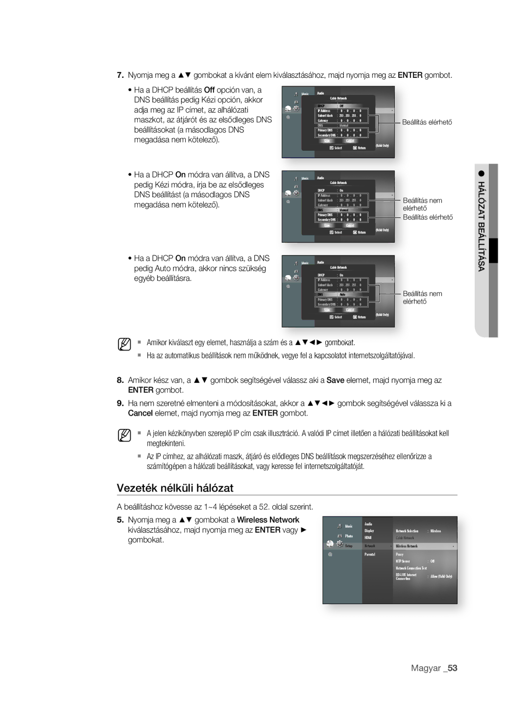 Samsung BD-P3600/XEC, BD-P3600/EDC, BD-P3600/XEF, BD-P3600/XEE manual HÁlózAt beÁllítÁsA, Egyéb beállításra 