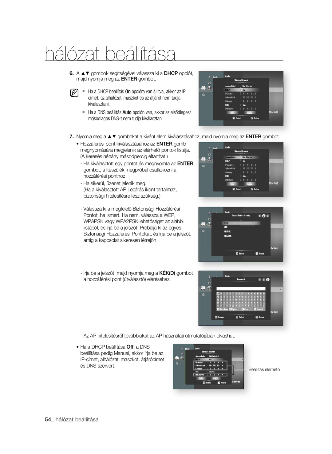 Samsung BD-P3600/XEF, BD-P3600/EDC manual  hálózat beállítása, Az AP hitelesítésről továbbiakat az AP használati útm 