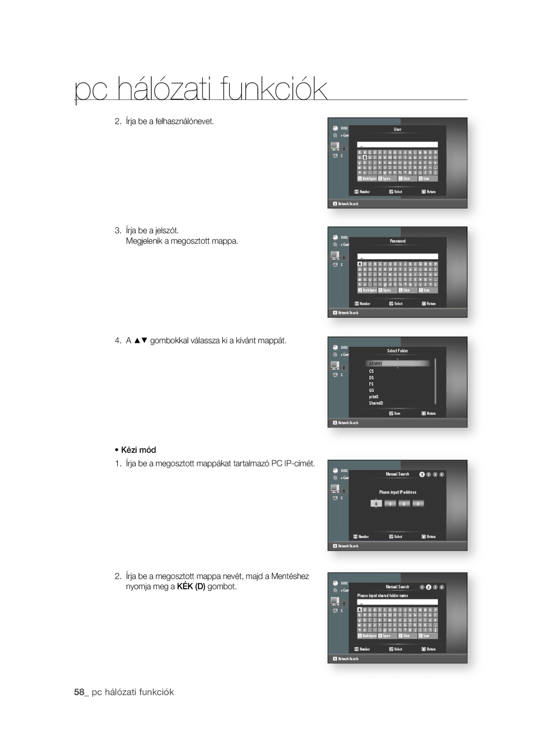 Samsung BD-P3600/XEF, BD-P3600/EDC manual  pc hálózati funkciók, $% gombokkal válassza ki a kívánt mappát, Kézi mód 