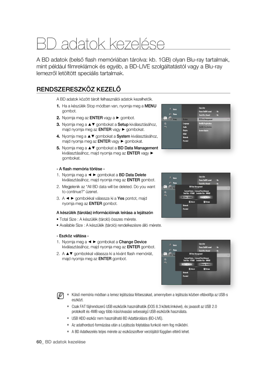 Samsung BD-P3600/EDC manual ReNdszeReszKöz Kezelő, 0 BD adatok kezelése, Total Size a készülék tároló összes mérete 