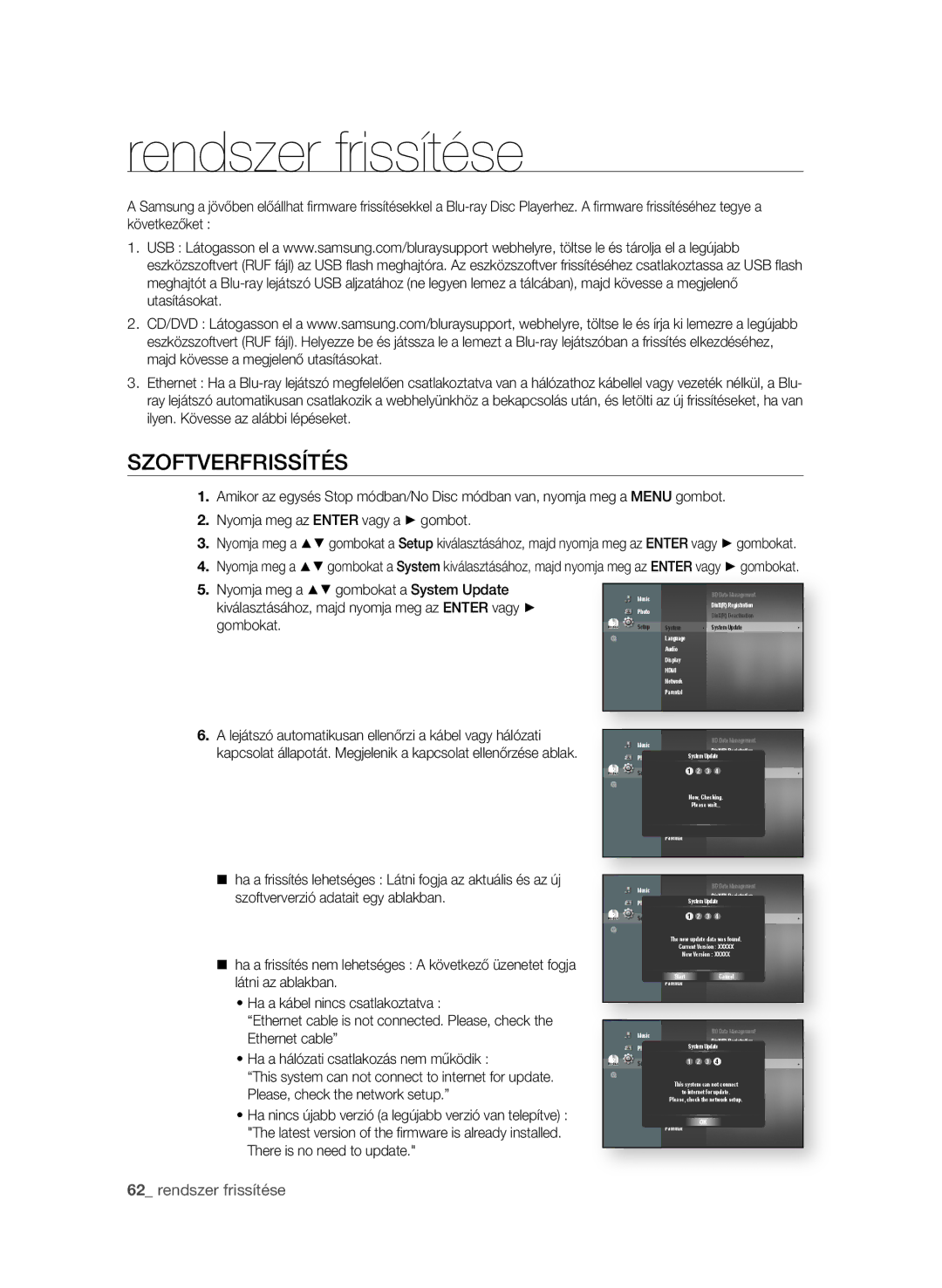 Samsung BD-P3600/XEF, BD-P3600/EDC, BD-P3600/XEC manual Rendszer frissítése, SzOFtVeRFRissítés, 2 rendszer frissítése 