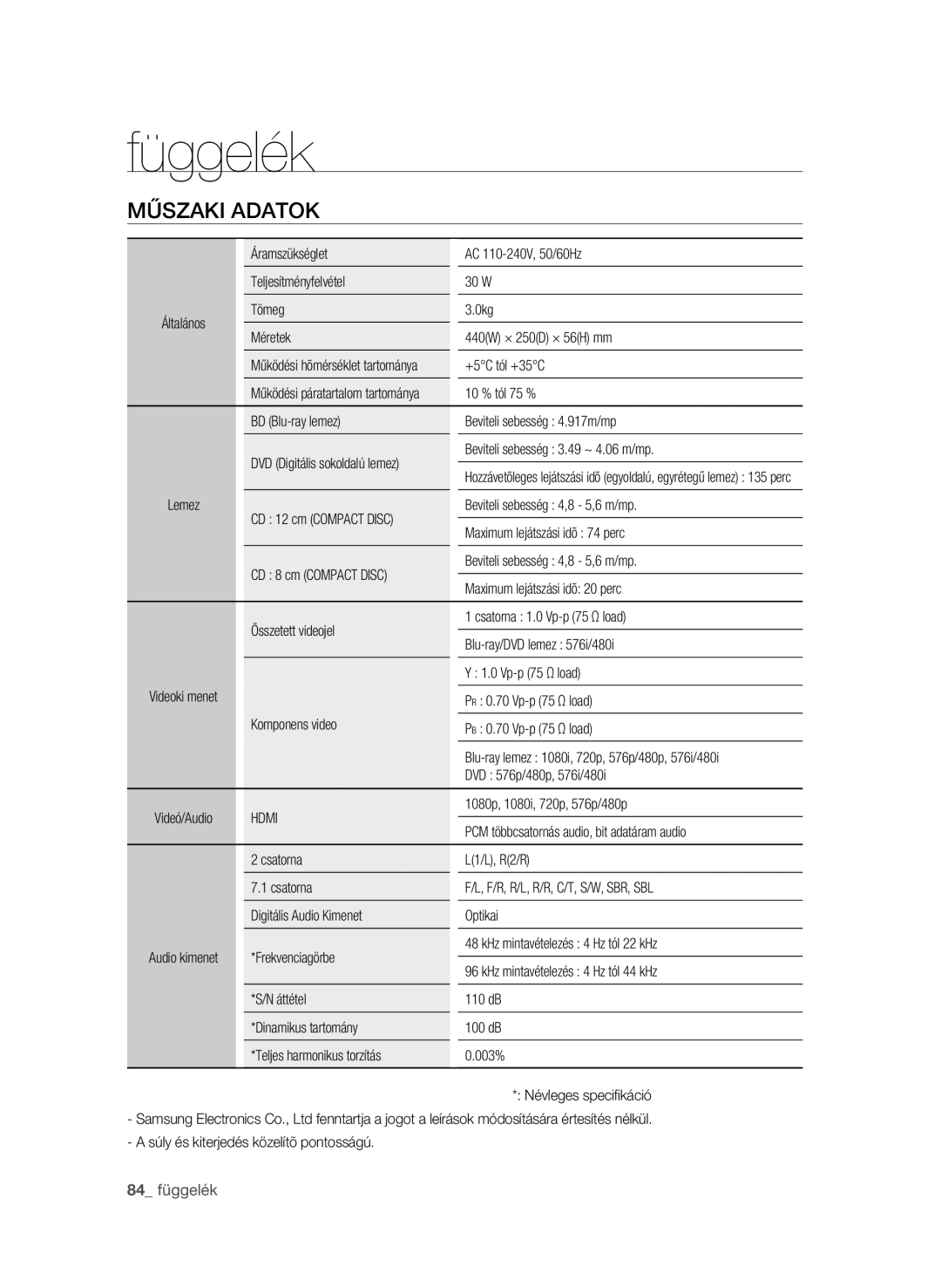 Samsung BD-P3600/EDC, BD-P3600/XEC, BD-P3600/XEF, BD-P3600/XEE manual Műszaki adatok, 84 függelék 