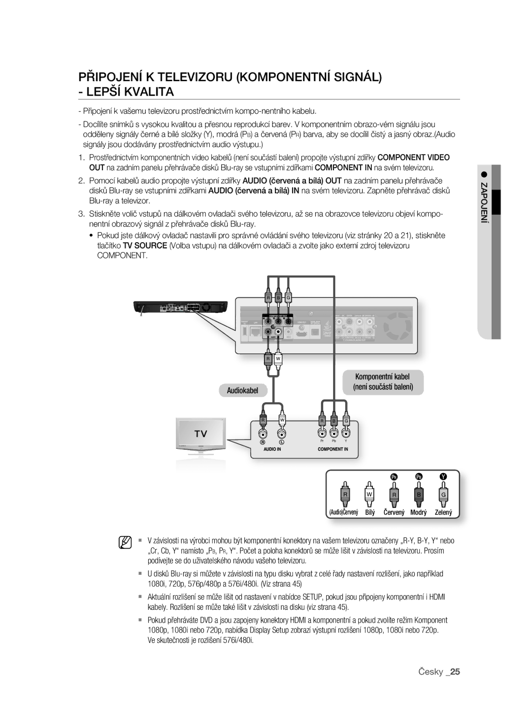 Samsung BD-P3600/XEF, BD-P3600/EDC manual PřIPoJEní K TELEVIZorU KoMPonEnTní sIGnáL LEPŠí KVaLITa, Česky 2, ZaPoJEní 