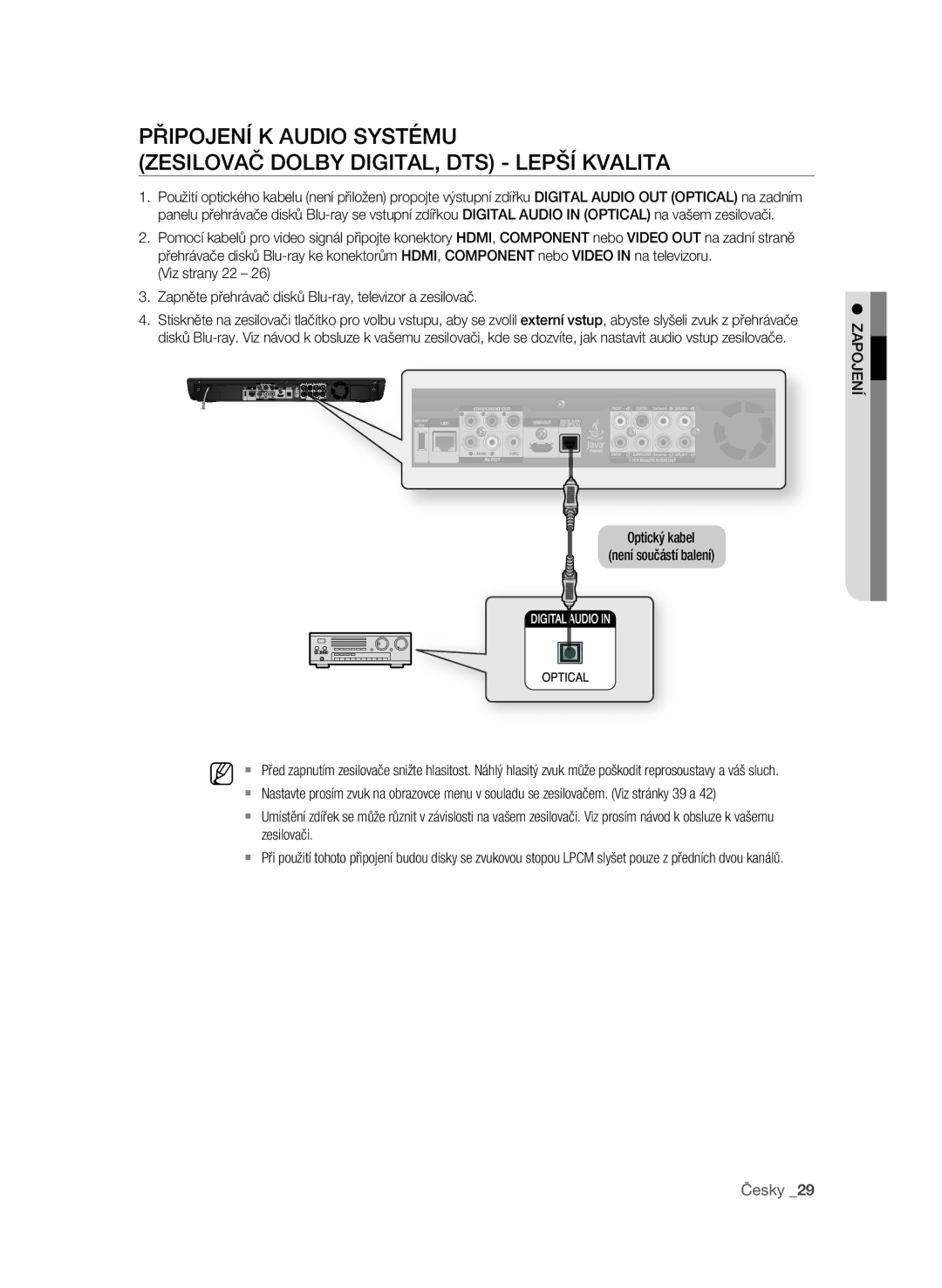 Samsung BD-P3600/XEF, BD-P3600/EDC manual Optický kabel Není součástí balení Ní jeopaz 