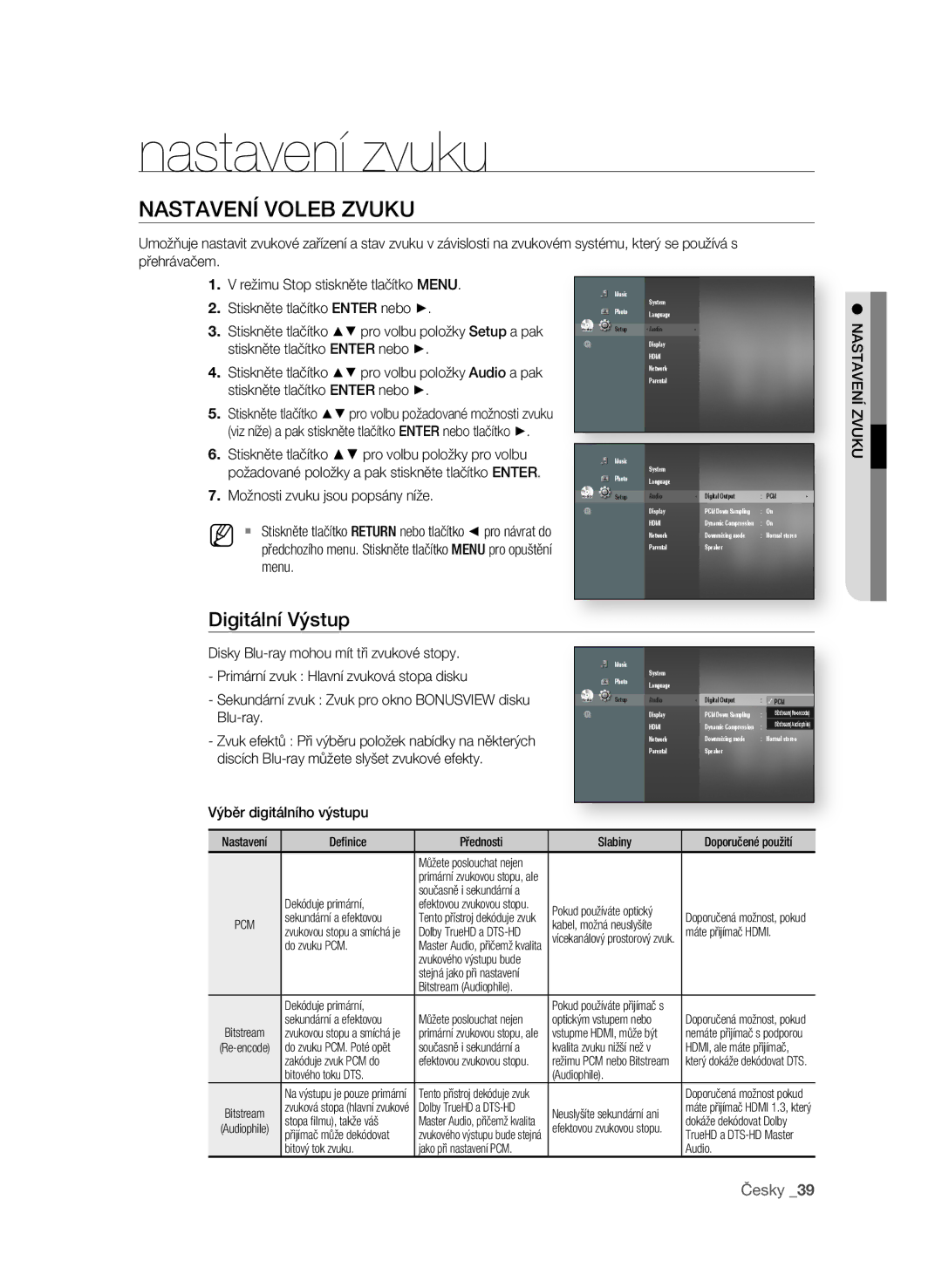 Samsung BD-P3600/XEF, BD-P3600/EDC manual Nastavení zvuku, NasTaVEní VoLEB Zvuku, Digitální Výstup 