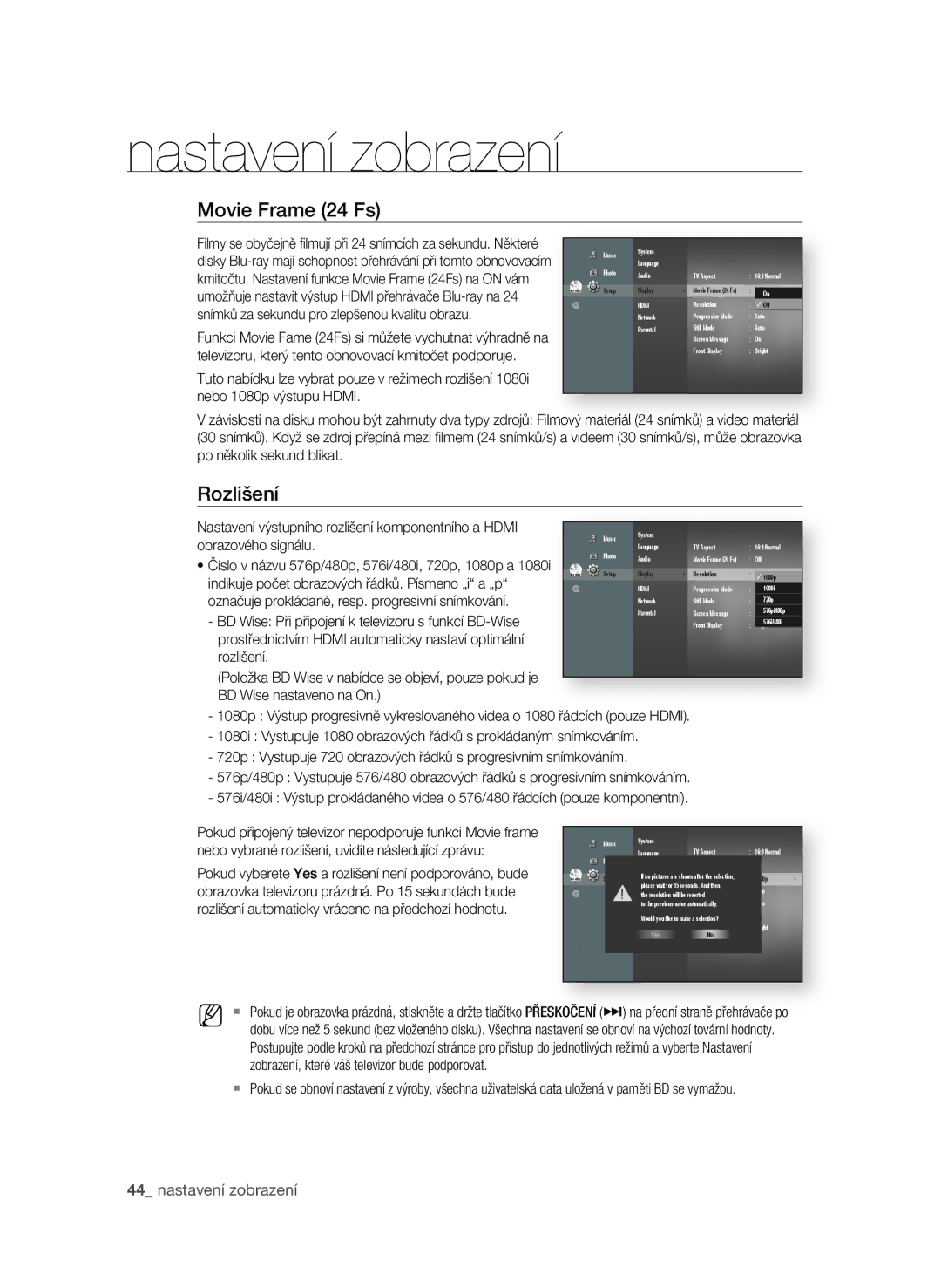 Samsung BD-P3600/EDC, BD-P3600/XEF manual Movie frame 24 fs,  nastavení zobrazení 