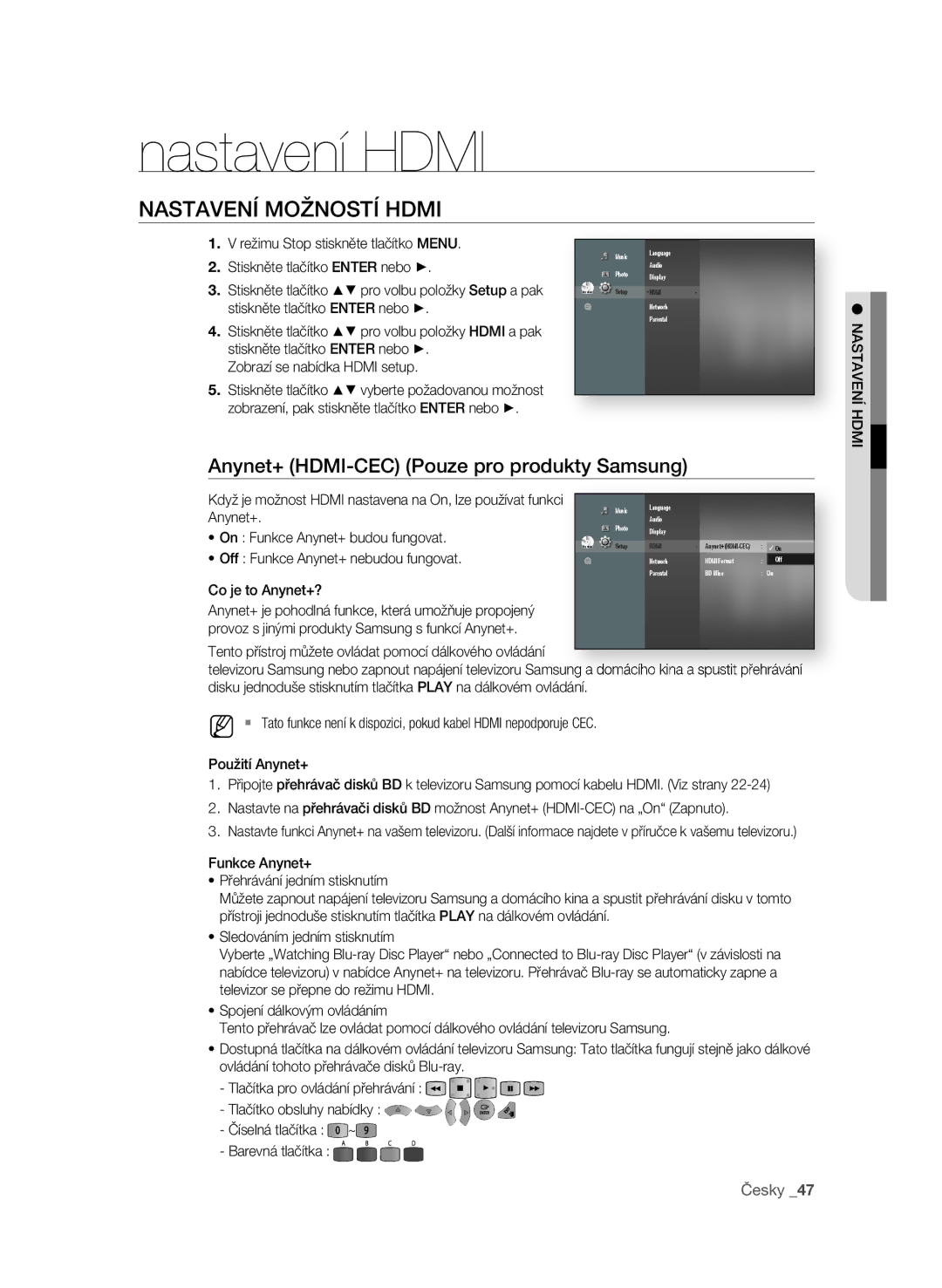 Samsung BD-P3600/XEF, BD-P3600/EDC Nastavení Hdmi, NasTaVEní MoŽnosTí hDMI, Anynet+ hDMI-CEC Pouze pro produkty samsung 