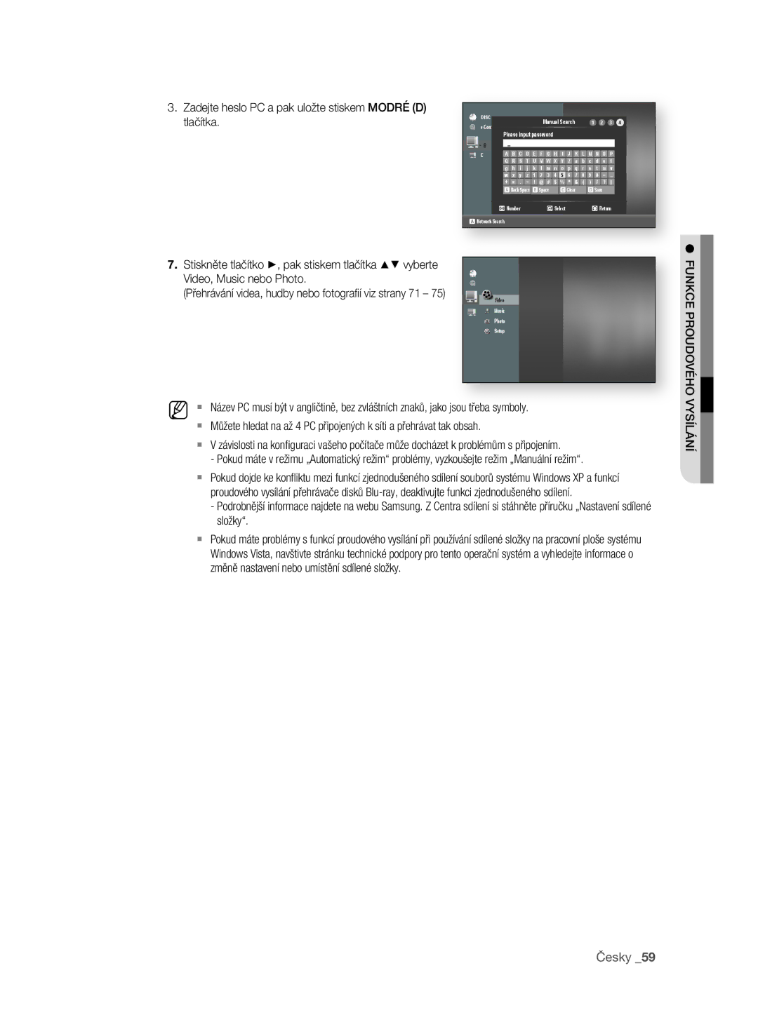 Samsung BD-P3600/XEF, BD-P3600/EDC manual Funkce Proudového, Přehrávání videa, hudby nebo fotografi í viz strany 71 