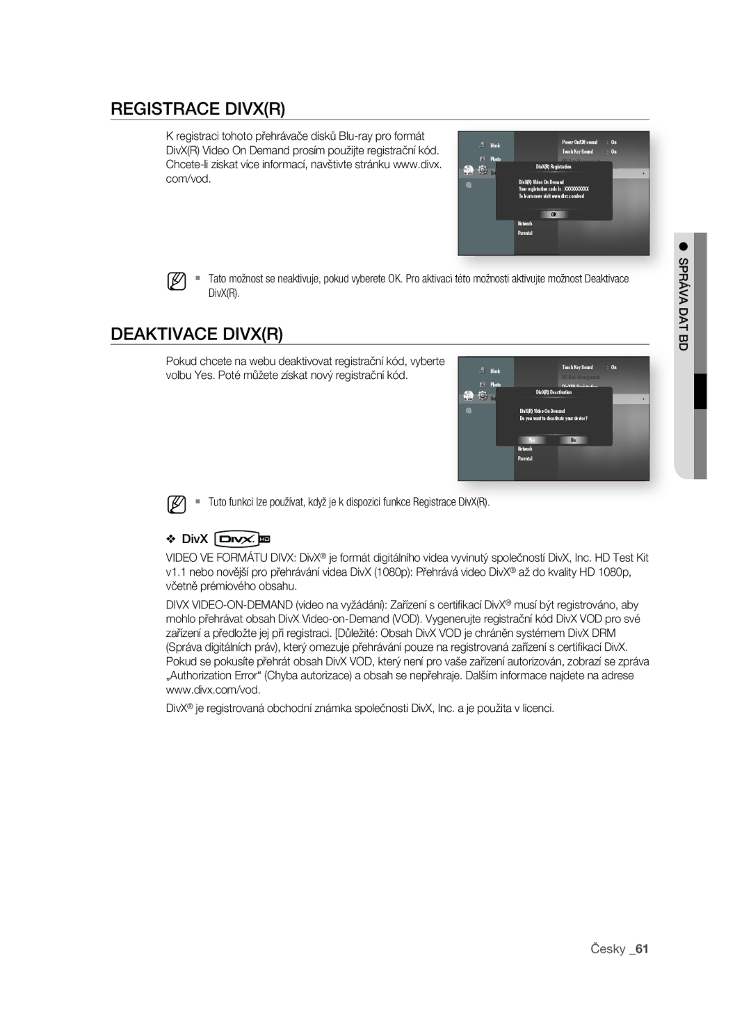 Samsung BD-P3600/XEF, BD-P3600/EDC manual REGIsTraCE DIVXr, DEaKTIVaCE DIVXr, Com/vod, SPráVa DaT BD, DivXR 