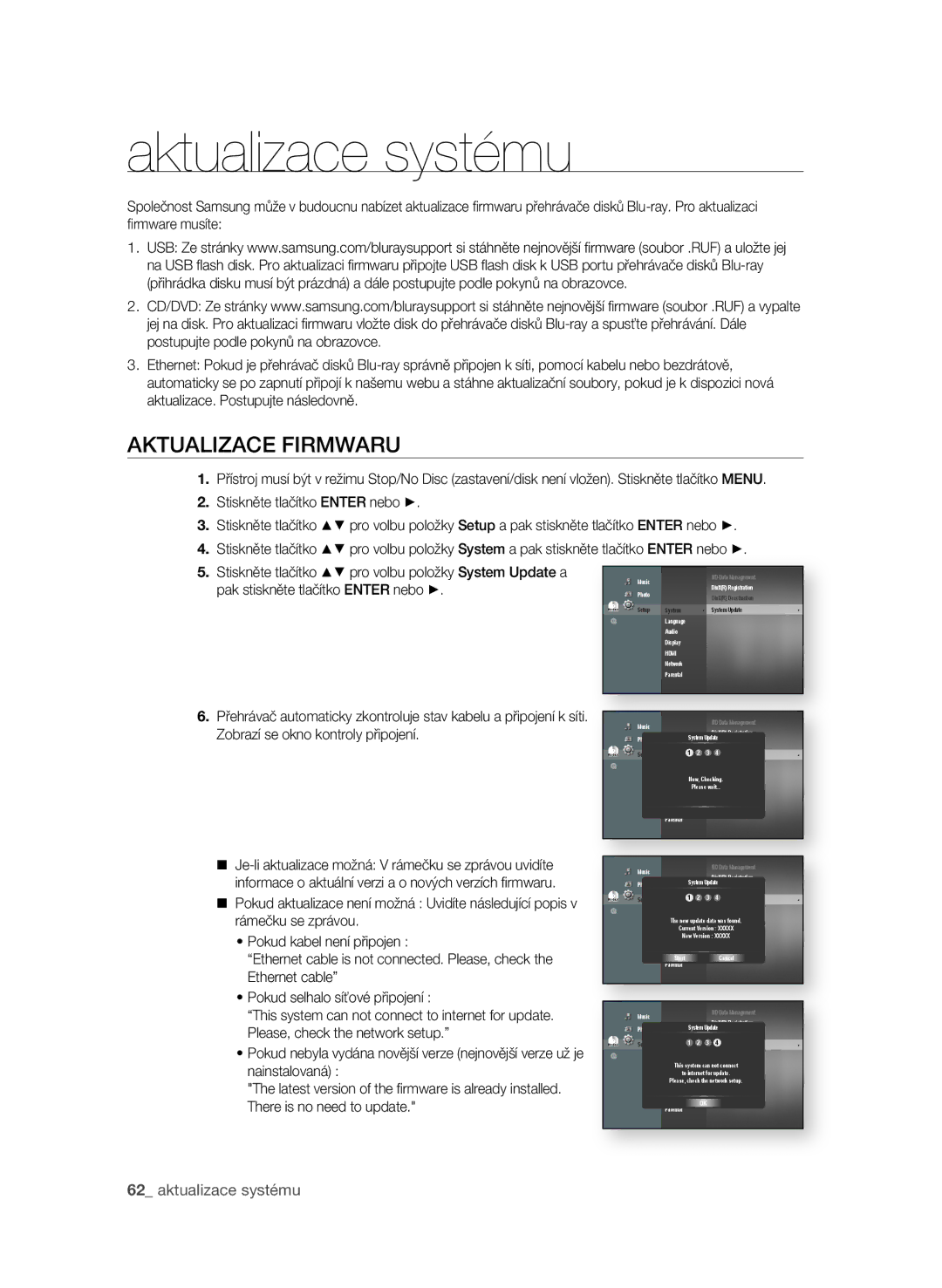 Samsung BD-P3600/EDC, BD-P3600/XEF manual Aktualizace systému, AKTUaLIZaCE fIrMWarU, 2 aktualizace systému 