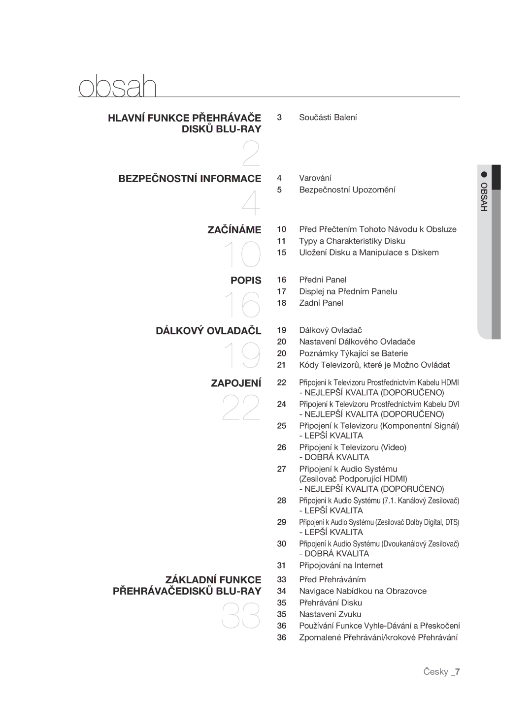 Samsung BD-P3600/XEF, BD-P3600/EDC manual Obsah, Nejlepší Kvalita Doporučeno, Lepší Kvalita, Dobrá Kvalita 