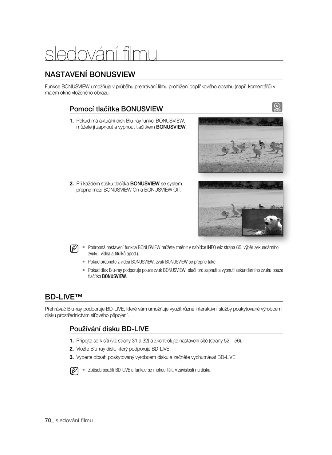 Samsung BD-P3600/EDC manual NasTaVEní BonUsVIEW, Pomocí tlačítka BonUsVIEW, Používání disku BD-LIVE, 0 sledování ﬁ lmu 